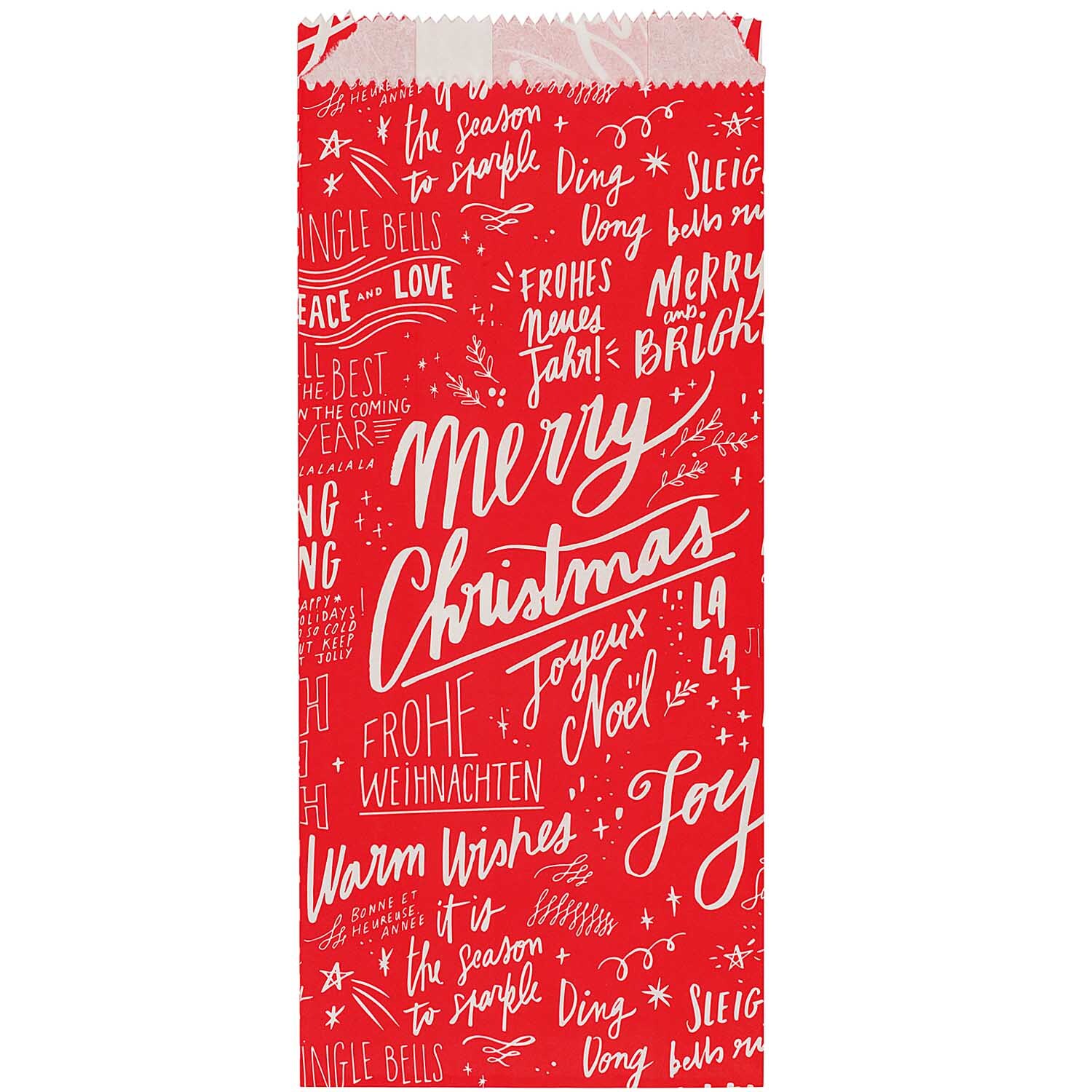 Paper Poetry Bastelset Papiertüten-Sterne Jolly Christmas groß zeigt rote Tüten mit festlichen Weihnachtsgrüßen und Mustern von Rico Design.