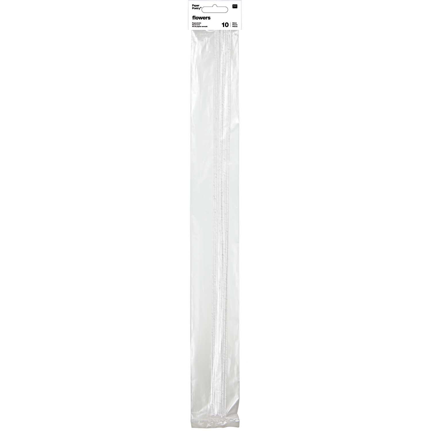 Paper Poetry Papierdraht in Weiß, 50 cm, 10 Stück. Verpackung zeigt weiße Drahtstäbe von Rico Design.