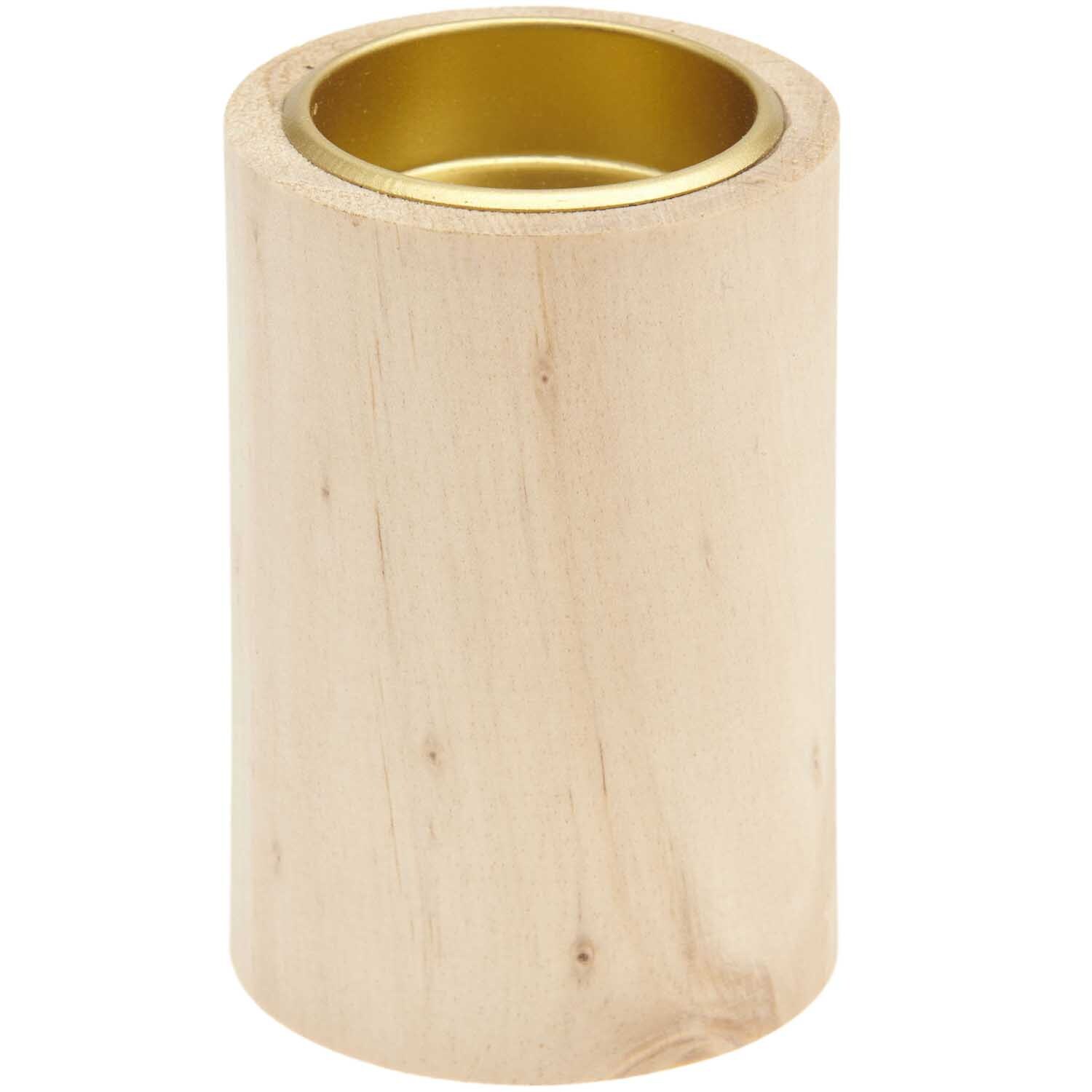 Holz-Kerzenhalter Natur von Rico Design, zylindrisch, aus hellem Holz mit goldener Innenfläche, Ø6cm.