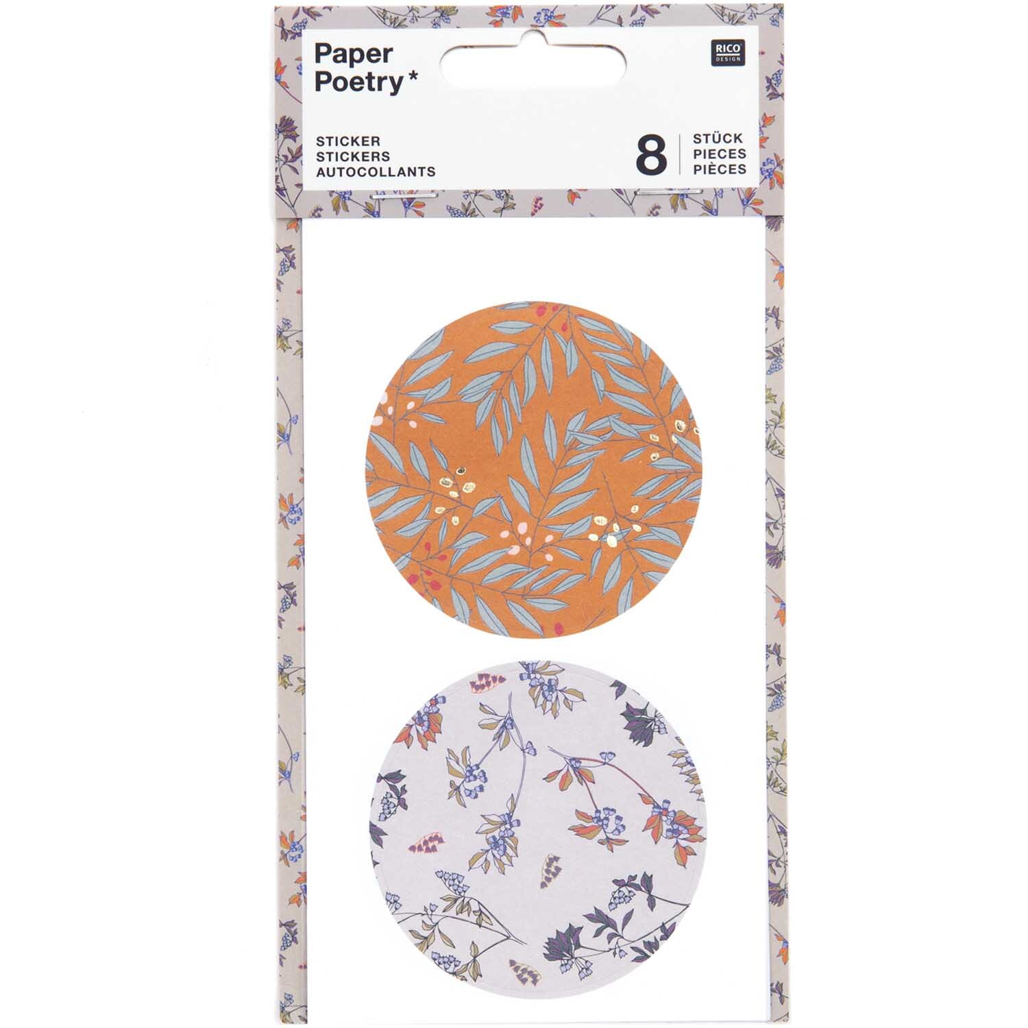 Paper Poetry Sticker Pflanzen 4 Blatt zeigt zwei runde Sticker mit floralen Mustern in Orange und Weiß. Ideal für kreative Projekte.