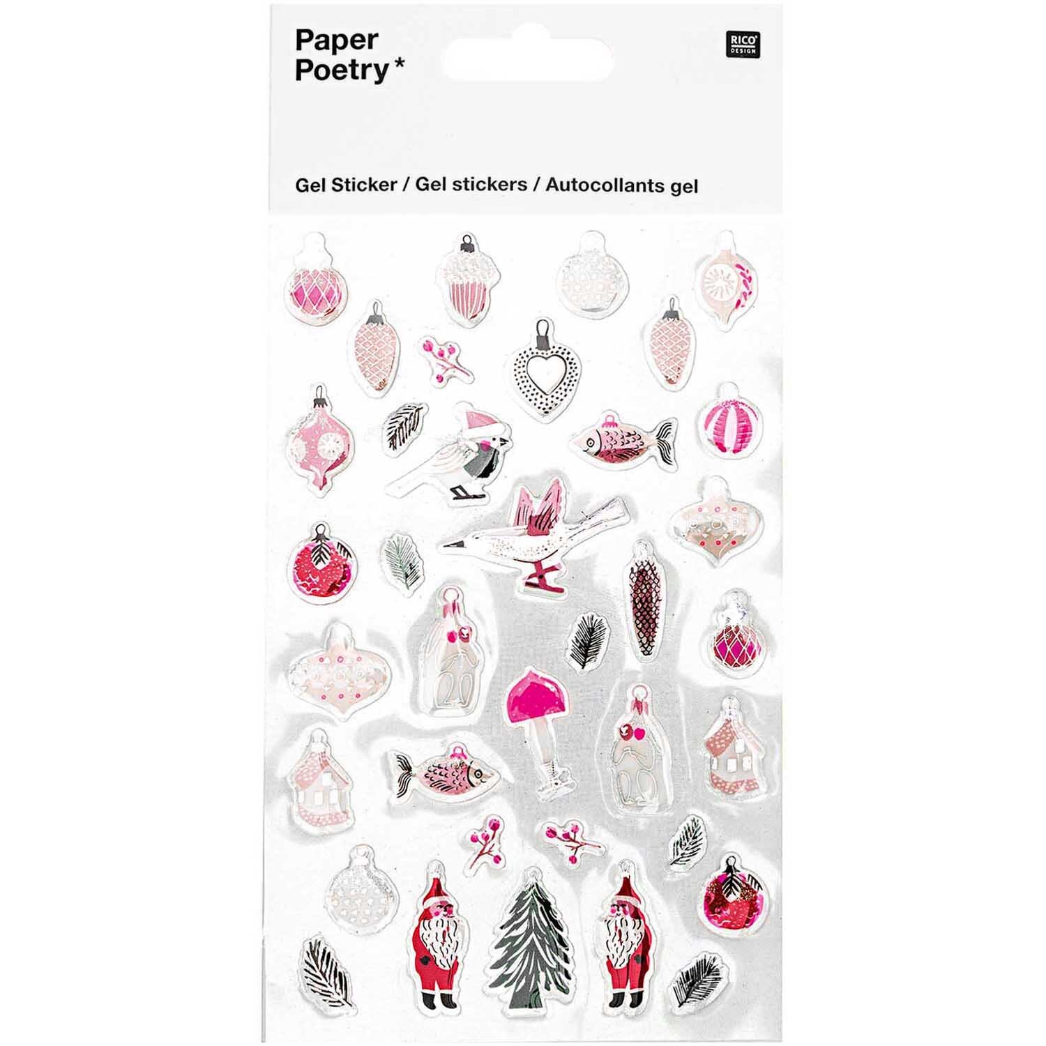 Paper Poetry Gelsticker Nostalgic Christmas zeigt pastellfarbene Weihnachtsmotive wie Kugeln, Herzen und Tannenbäume von Rico Design.