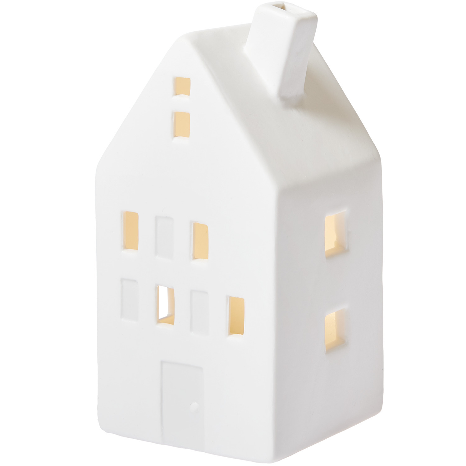 Porzellanhaus Weiß mit Giebeldach und LED, 13x6,5x7cm. Elegantes Design von Rico Design, ideal als stimmungsvolle Dekoration.