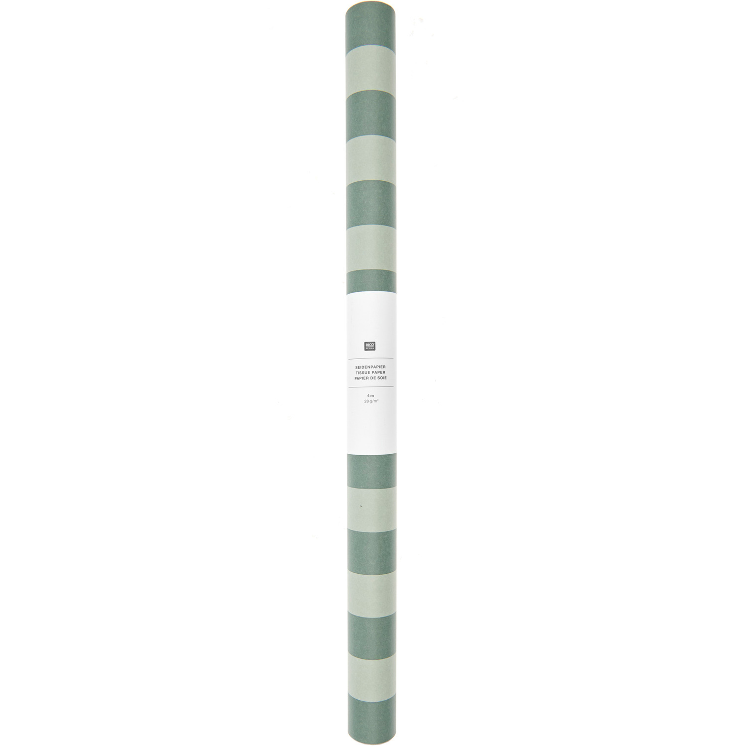 Seidenpapier mit Streifen 50x415cm Farbe Grün von Rico Design Seidenpapier mit Streifen in Grün von Rico Design, 50x415cm, aufgerollt und vertikal stehend.
