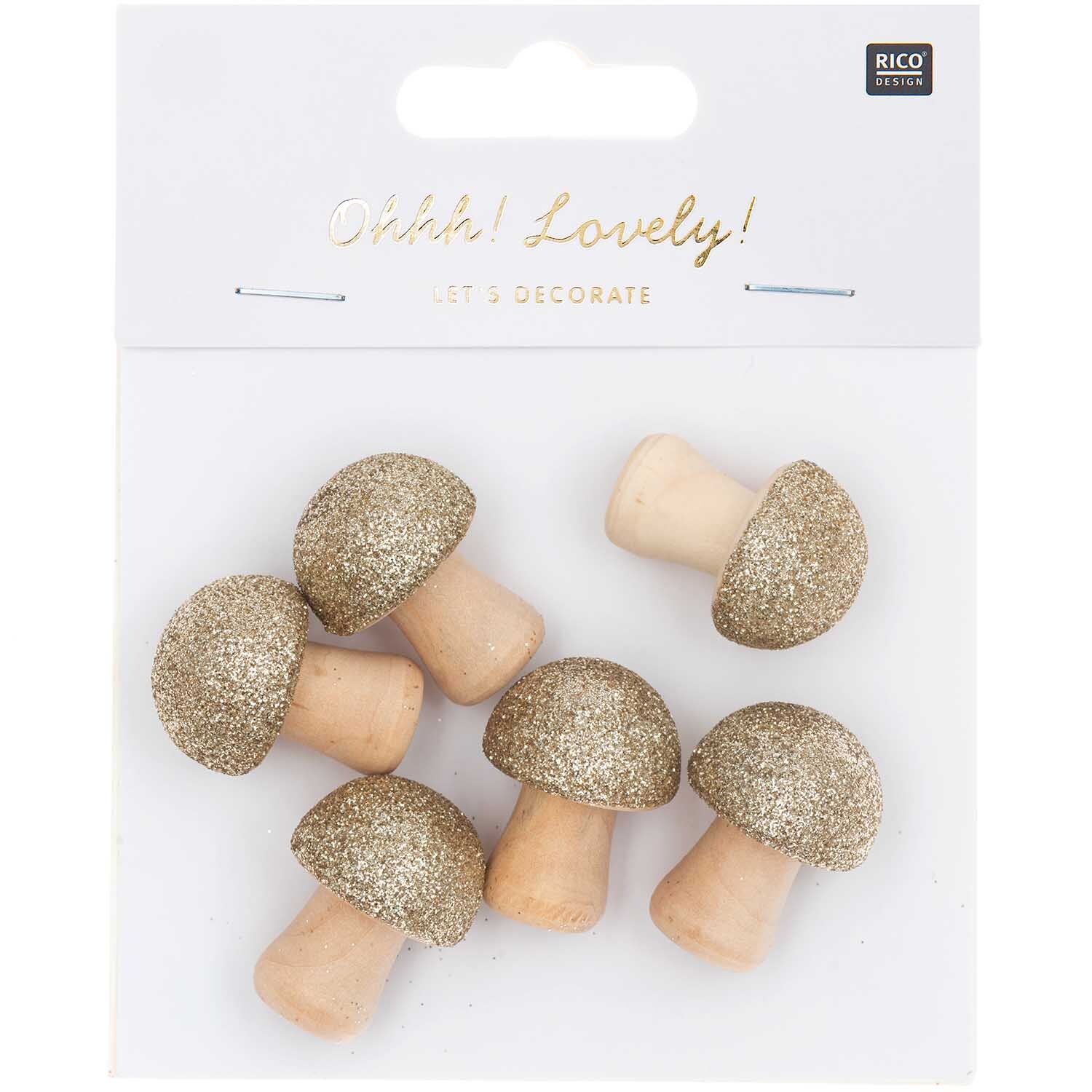 3D-Holzstreu Pilz mit Glitter natur-gold  6 Stück von Rico Design