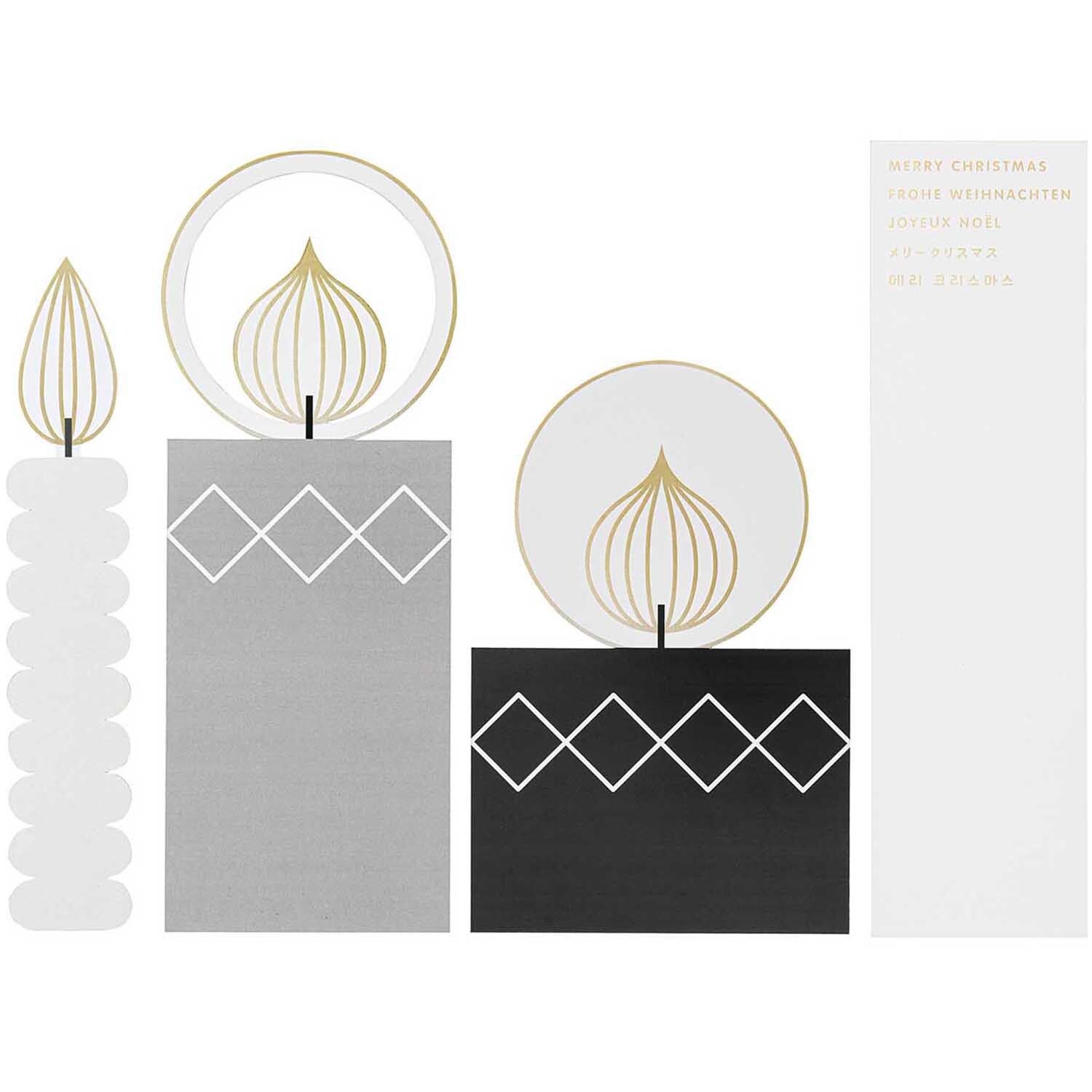 Paper Poetry Postkartendeko-Set Kerzen 4 Stück von Rico Design zeigt stilvolle, minimalistische Kerzen in Schwarz und Grau mit goldenen Akzenten.