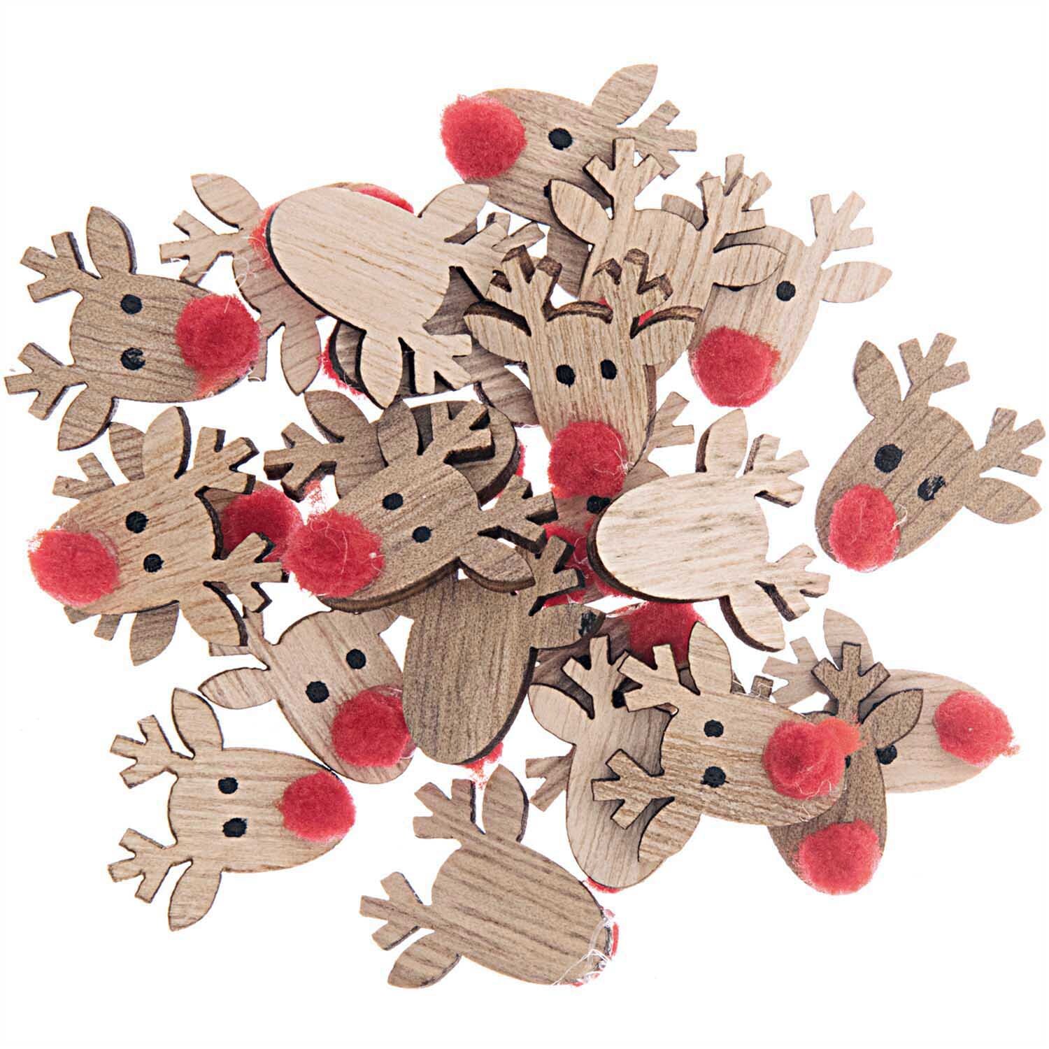 Holzstreu Rentier 23x23mm 24 Stück Farbe Natur von Rico Design Holzstreu Rentier 23x23mm von Rico Design: Niedliche Rentierfiguren mit roten Nasen, ideal für Dekorationen.