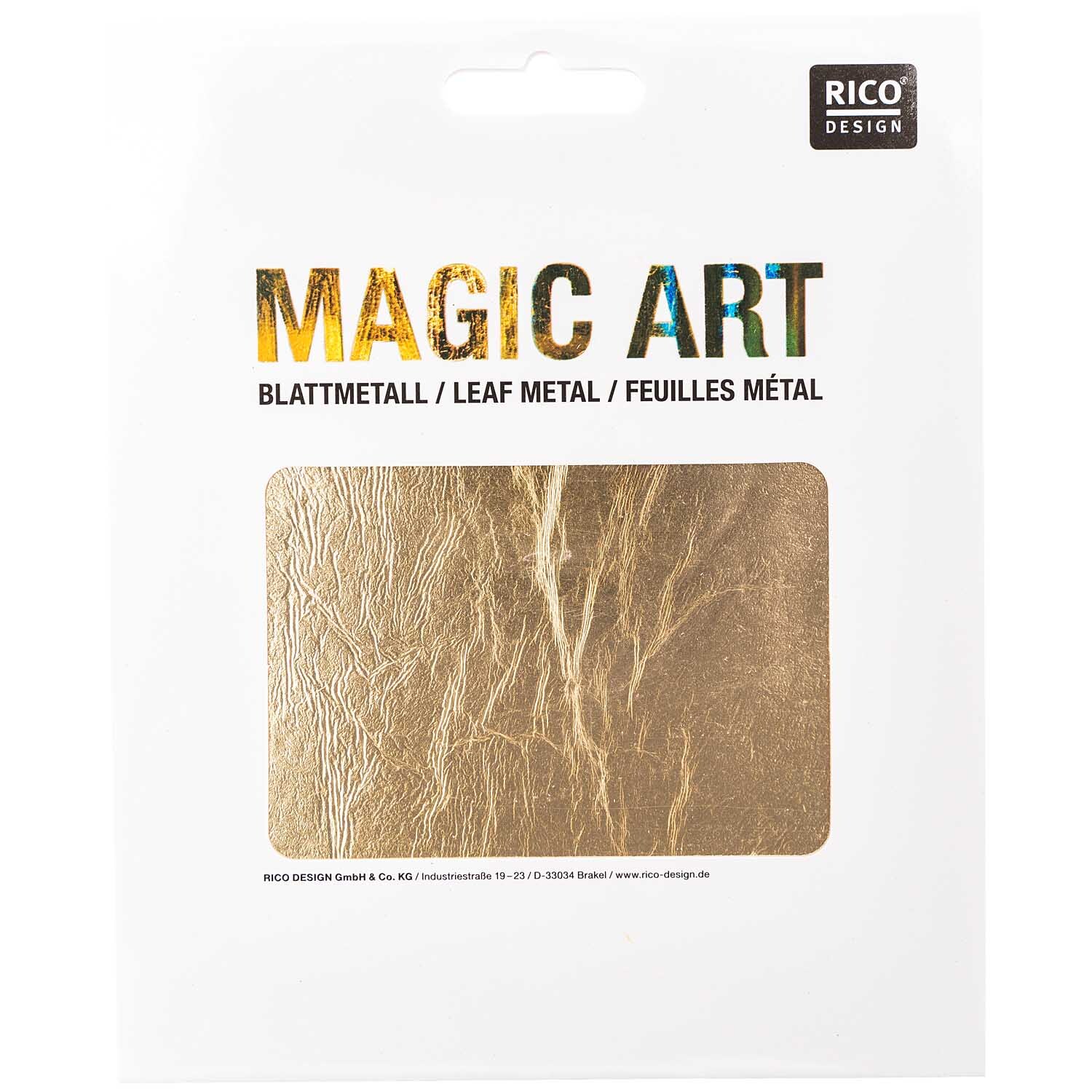 Magic Art Blattmetall 6 Blatt von Rico Design in Gold, präsentiert in einer eleganten Verpackung.