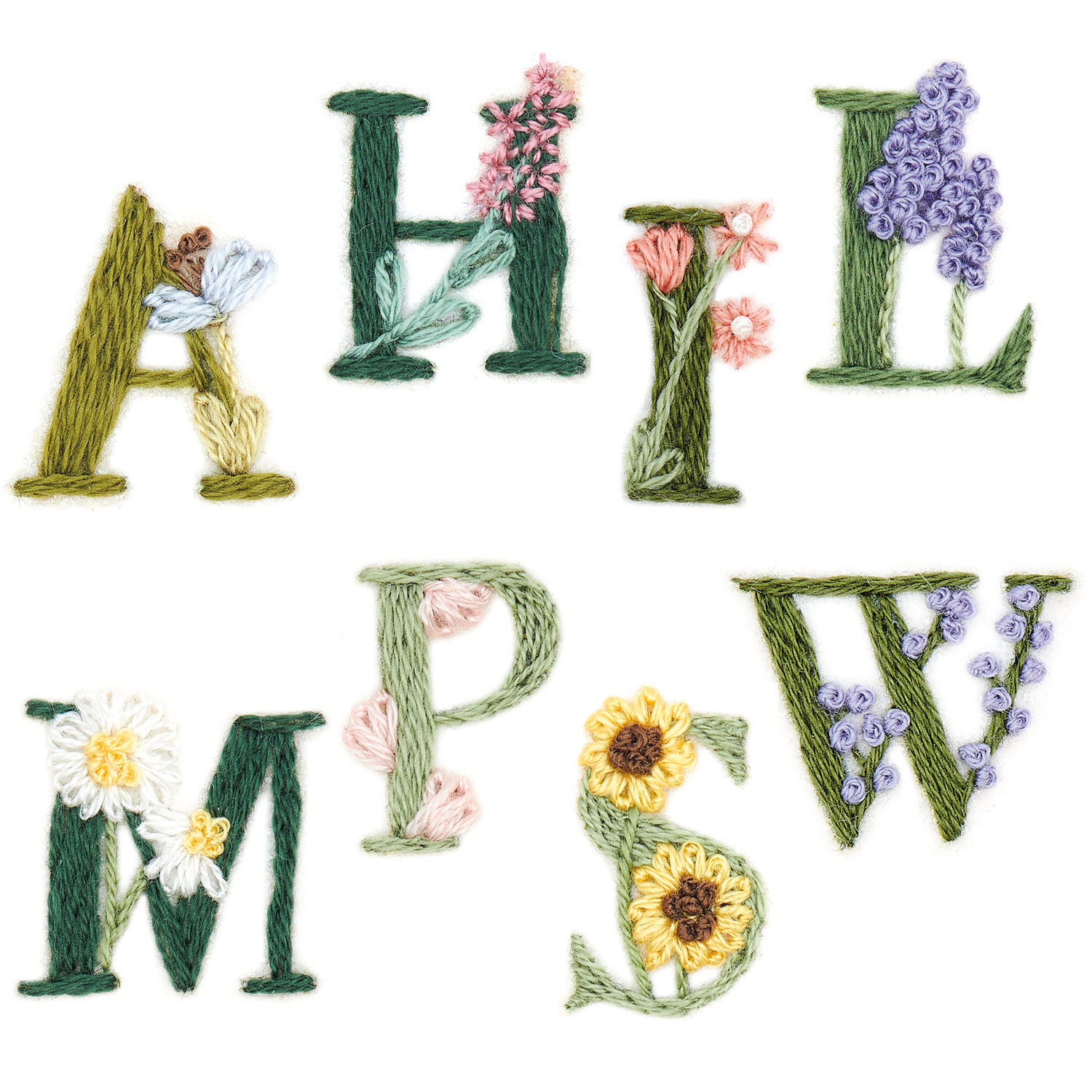 Stick and Stitch Stickpackung Blumenalphabet zeigt bunte Buchstaben mit floralen Mustern von Rico Design.