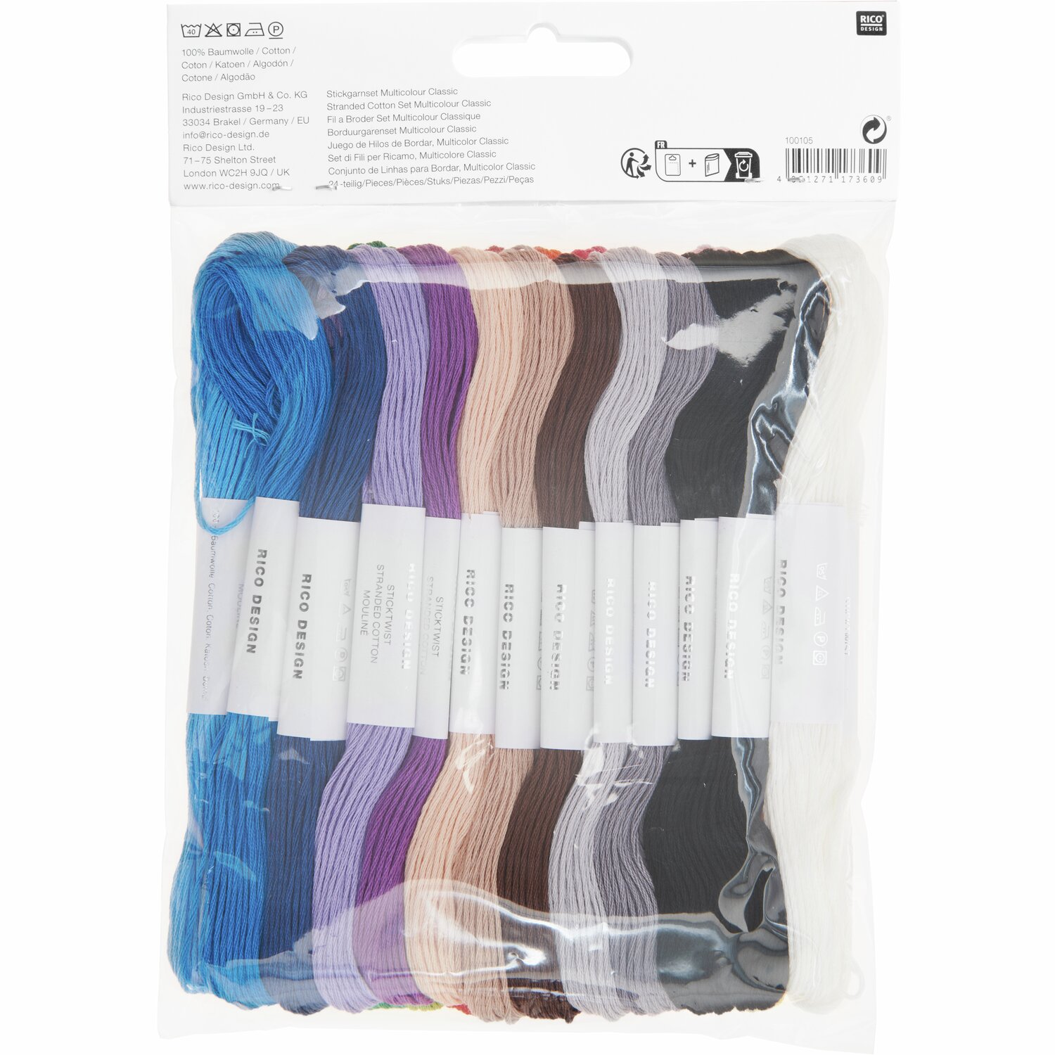 Stickgarn Set Multicolour Classic, 24-teilig, von Rico Design. Enthält bunte Fäden in Blau, Lila, Braun und mehr, ideal für kreative Projekte.
