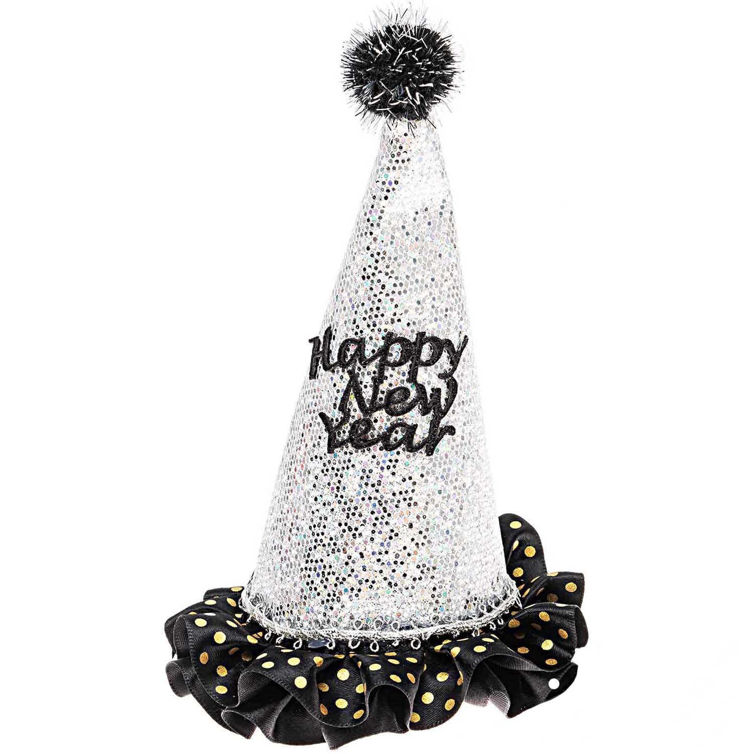 Partyhut Happy New Year irisierend mit schwarzem Bommel und Rüschen, verziert mit goldenen Punkten. Ideal für Silvesterfeiern.