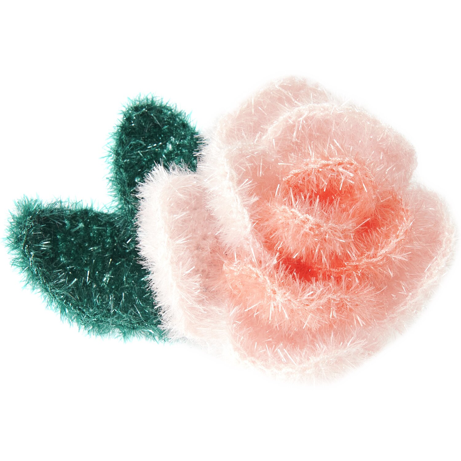 Häkelset Creative Bubble Rose Romantic von Rico Design Häkelset Creative Bubble Rose Romantic von Rico Design zeigt eine gehäkelte rosa Rose mit grünen Blättern.