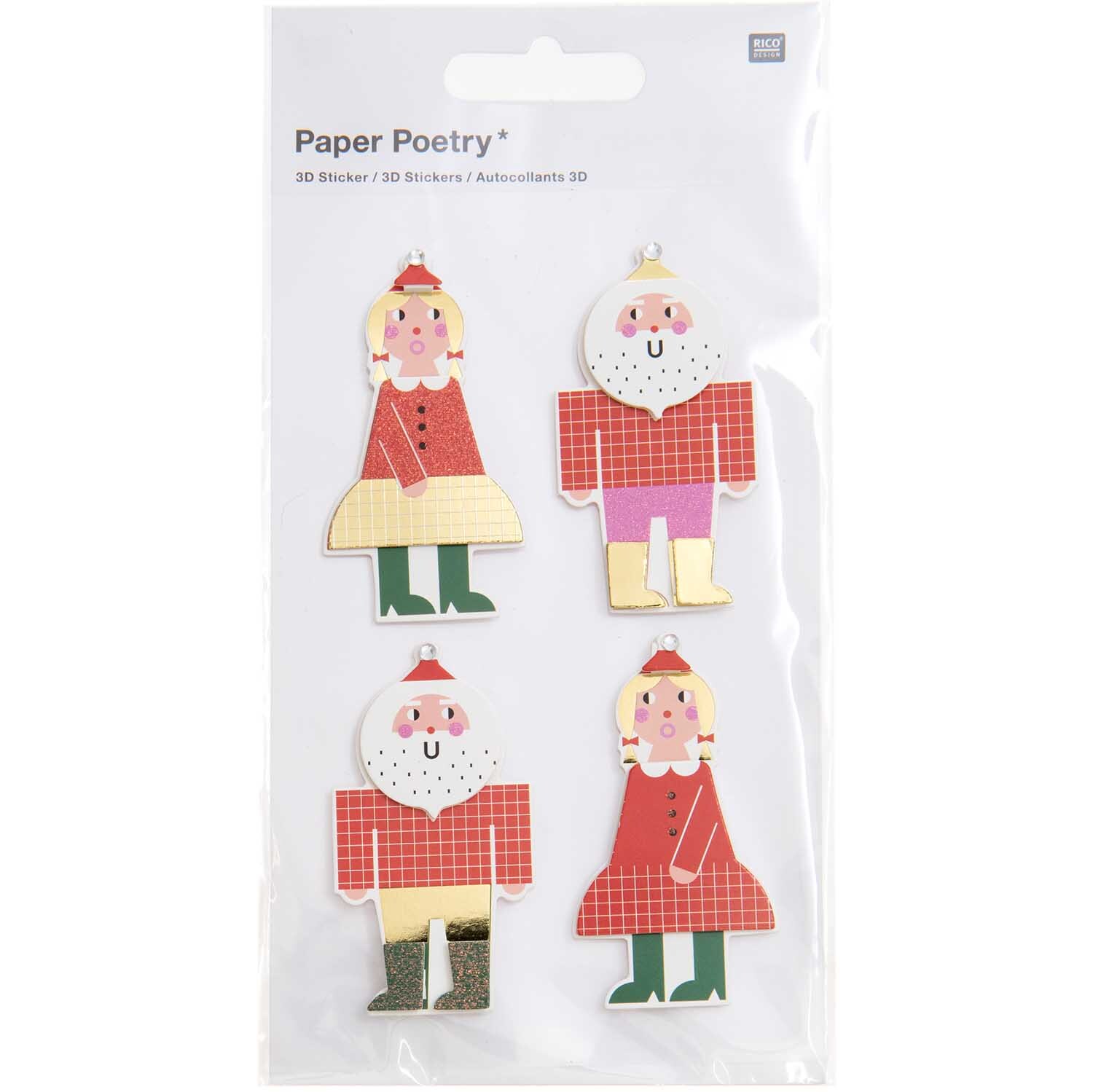 Paper Poetry 3D-Sticker Weihnachtsmann zeigt vier bunte Weihnachtsfiguren von Rico Design.