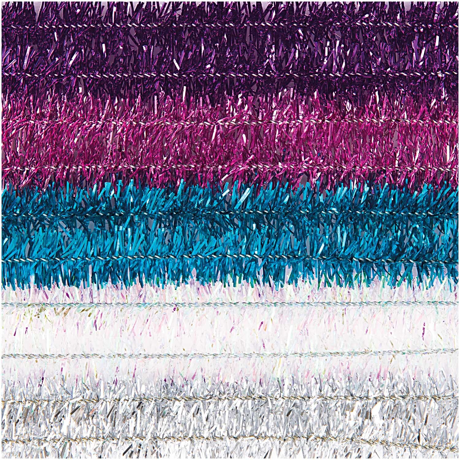 Chenilledraht-Mix 50cm 10 Stück Farbe Glitter Pastell von Rico Design Chenilledraht-Mix 50cm 10 Stück von Rico Design in Glitter Pastell zeigt bunte, schimmernde Drähte in Lila, Pink, Blau und Weiß.