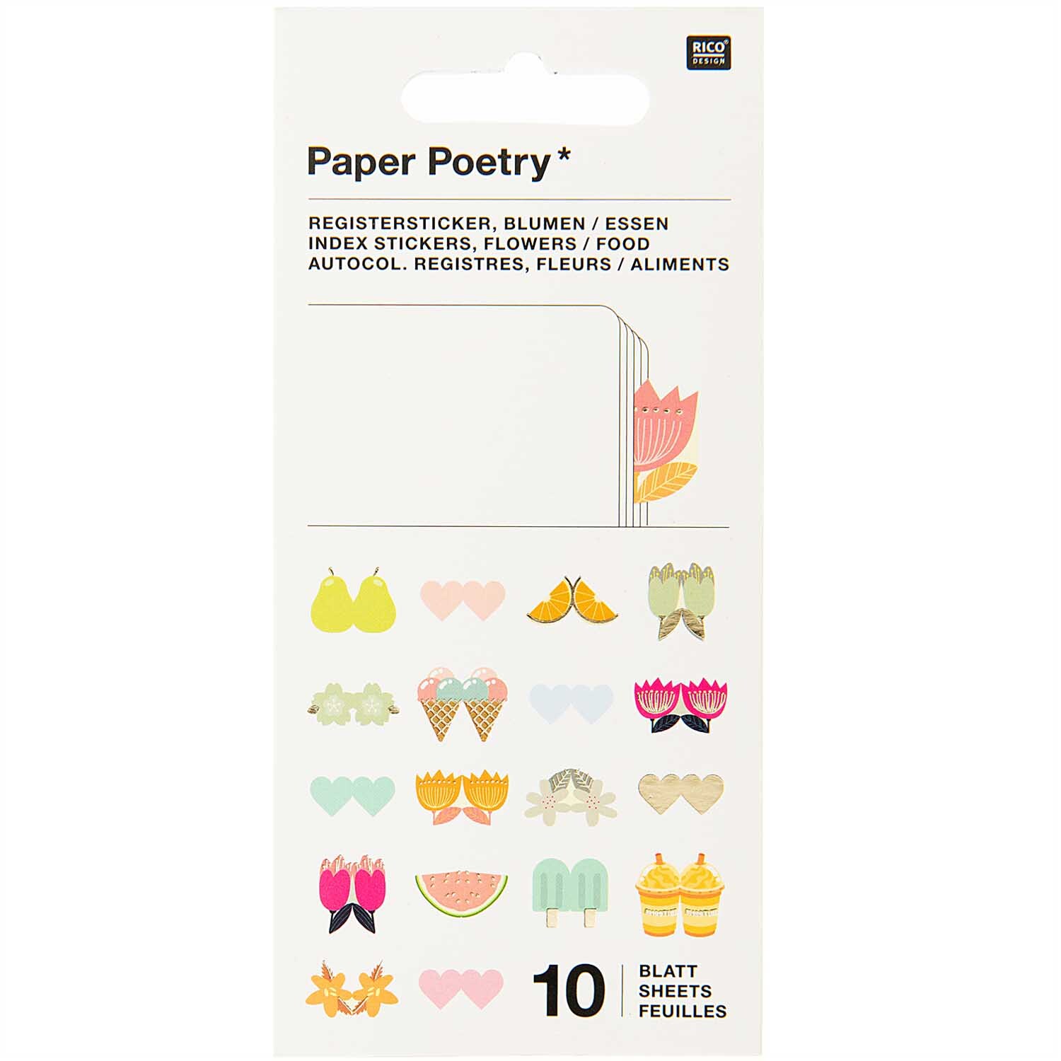 Paper Poetry Stickerbuch mit 10 Blättern zeigt bunte Blumen- und Essensmotive von Rico Design.