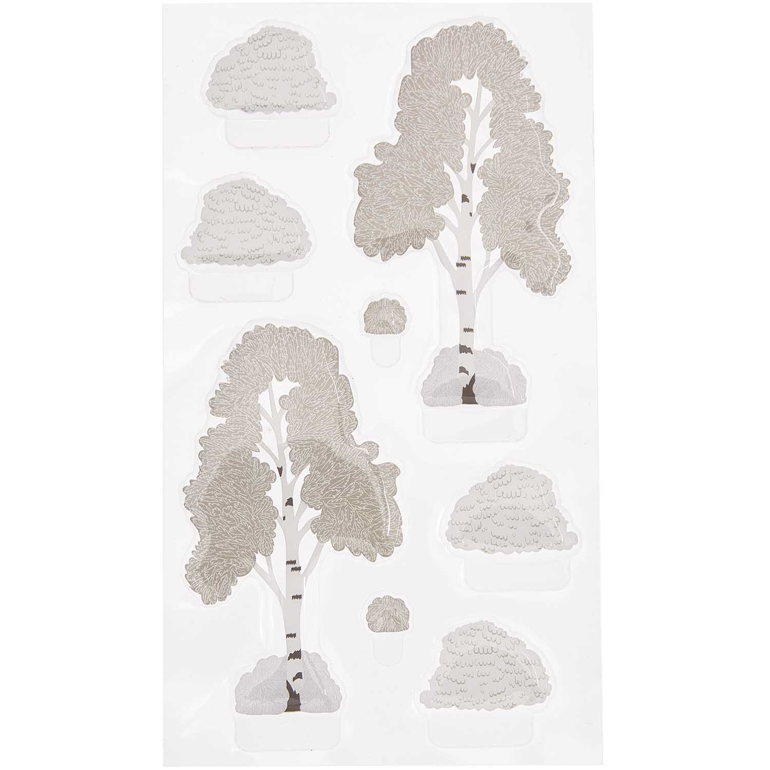 Figurico Gelsticker Verschneite Bäume: Detaillierte Sticker mit winterlichen Baum-Motiven in Weiß und Grau. Ideal für kreative Projekte.