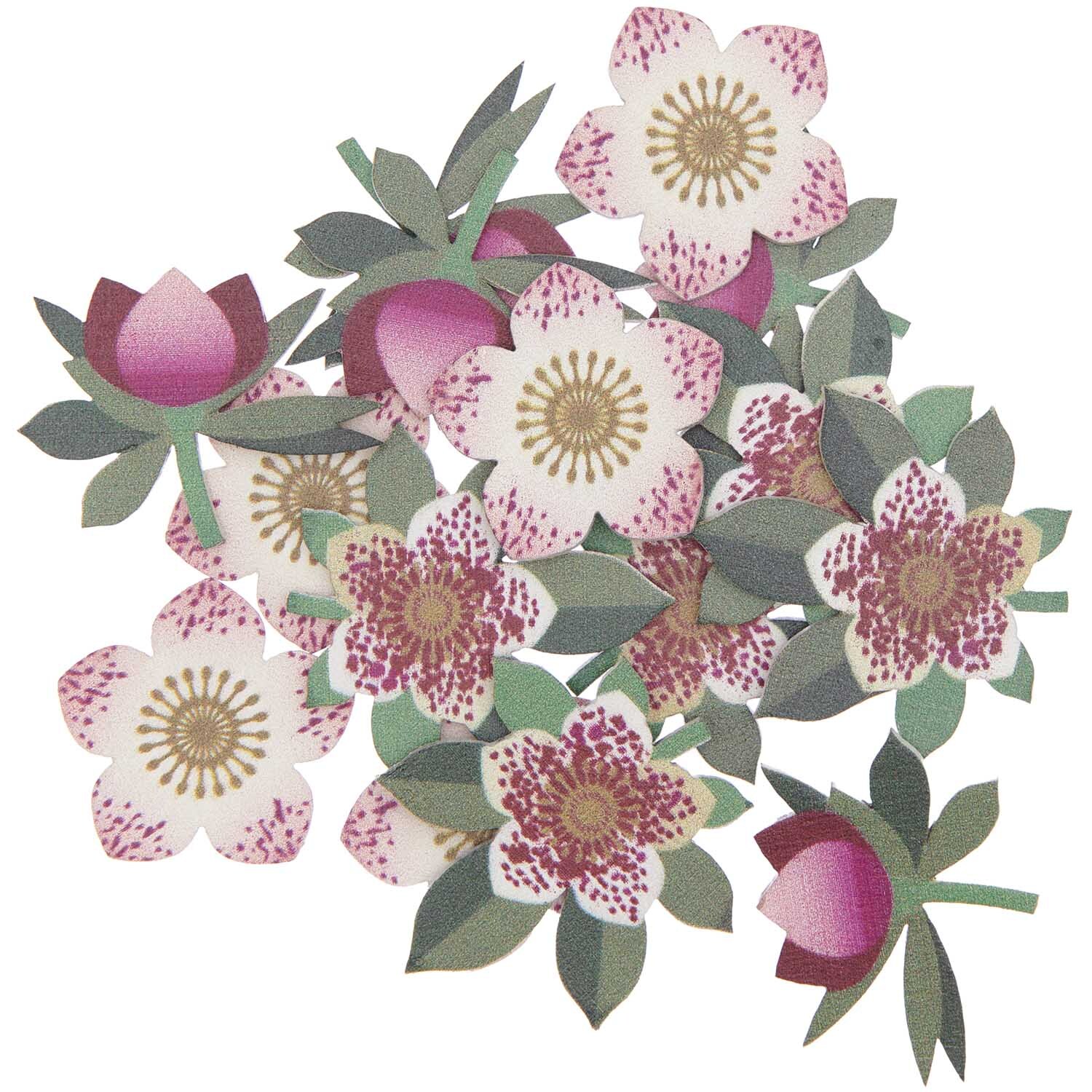 Holzstreu Christrose 24 Stück von Rico Design zeigt dekorative, rosa-weiße Blüten mit grünen Blättern.