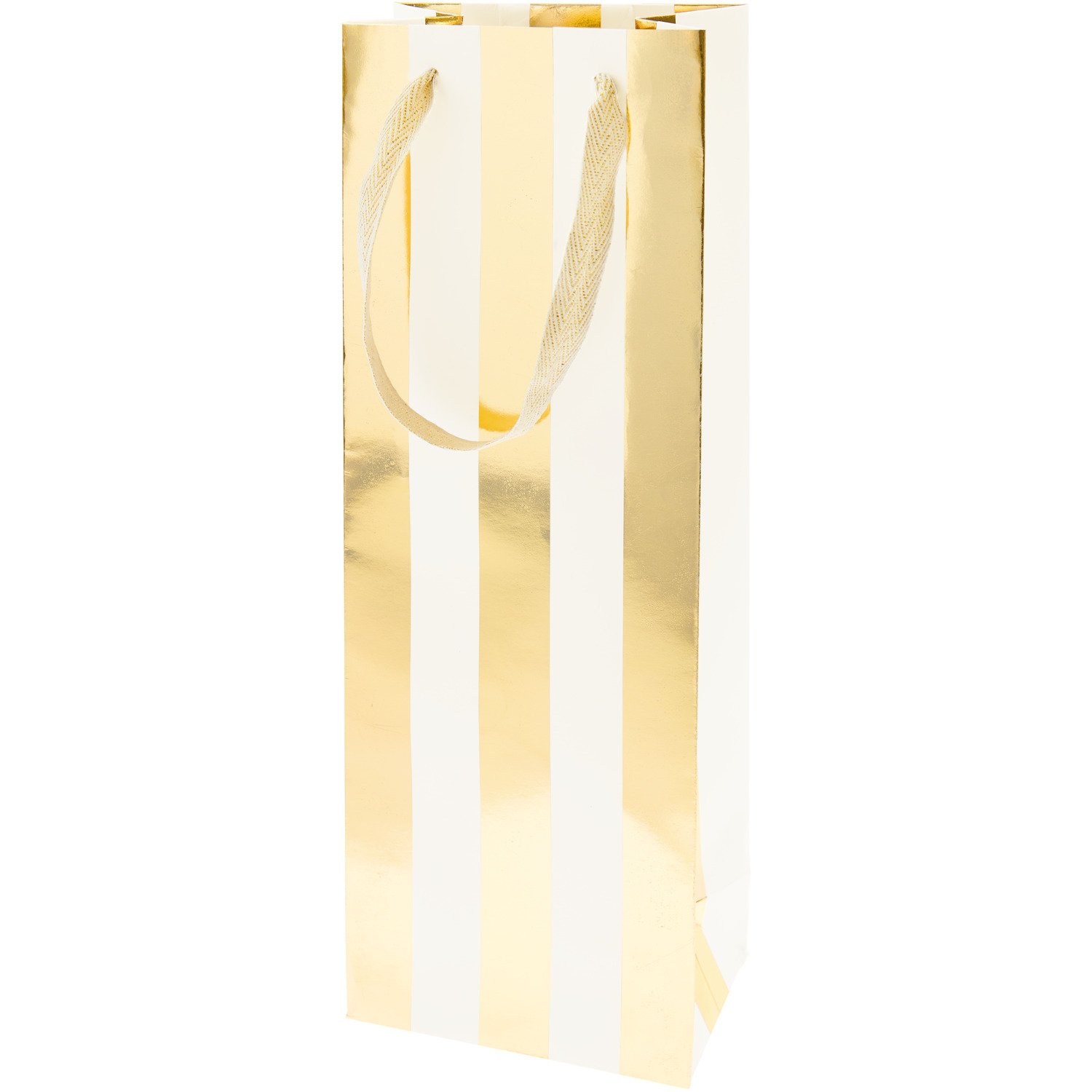 Flaschentüte mit Streifen Creme/Gold, 12x36,6x8cm, 230g/m². Elegantes Design von Rico Design. Ideal für Geschenke.