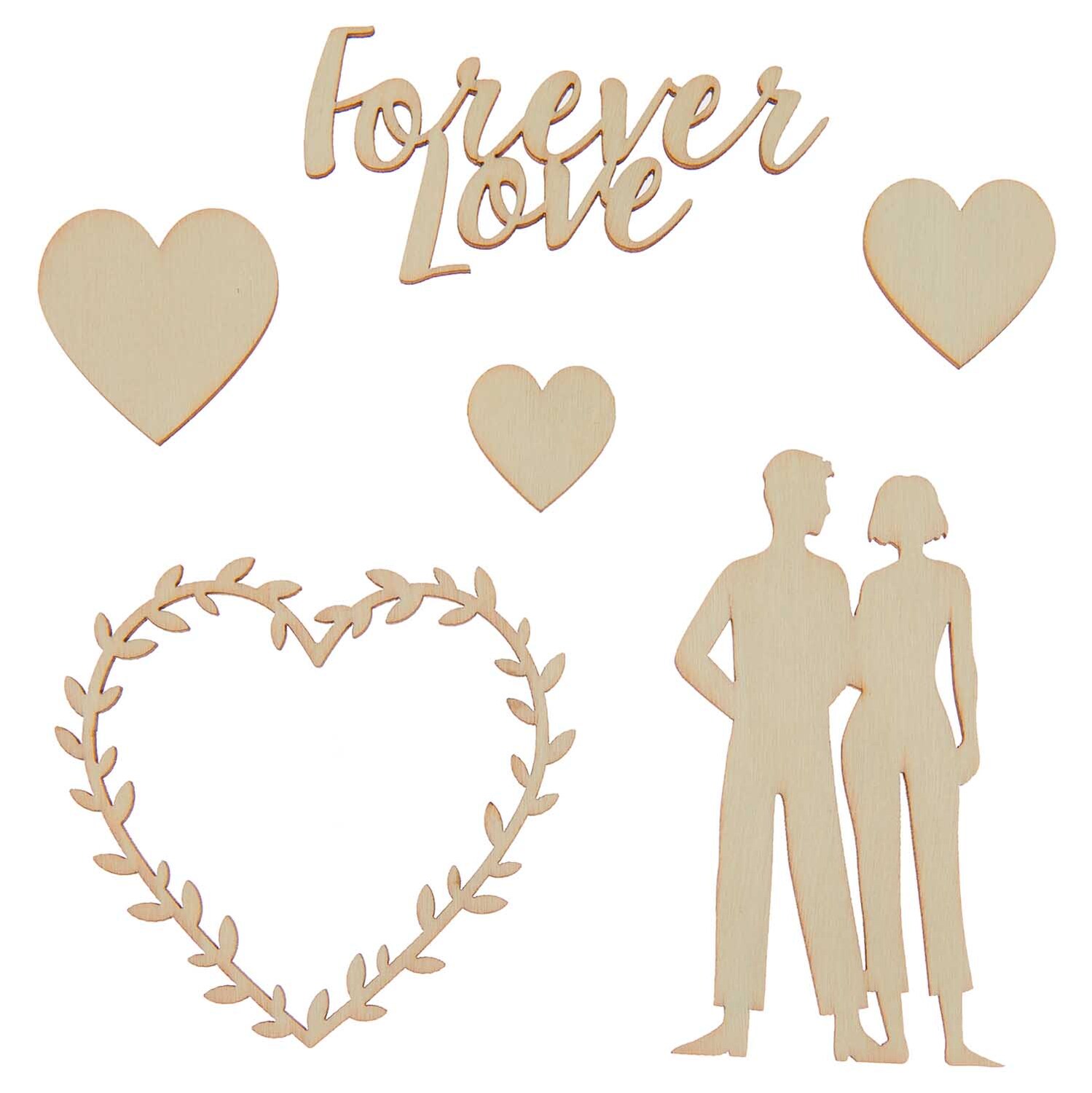 Holzdeko Set Love: Sechs Teile aus Holz, darunter Herzen, ein Paar und "Forever Love"-Schriftzug. Ideal für romantische Dekorationen.