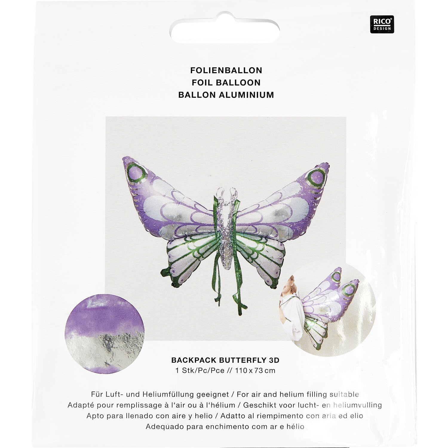Folienballon Schmetterling zum Umbinden Lila/Grün 110x73cm von Rico Design