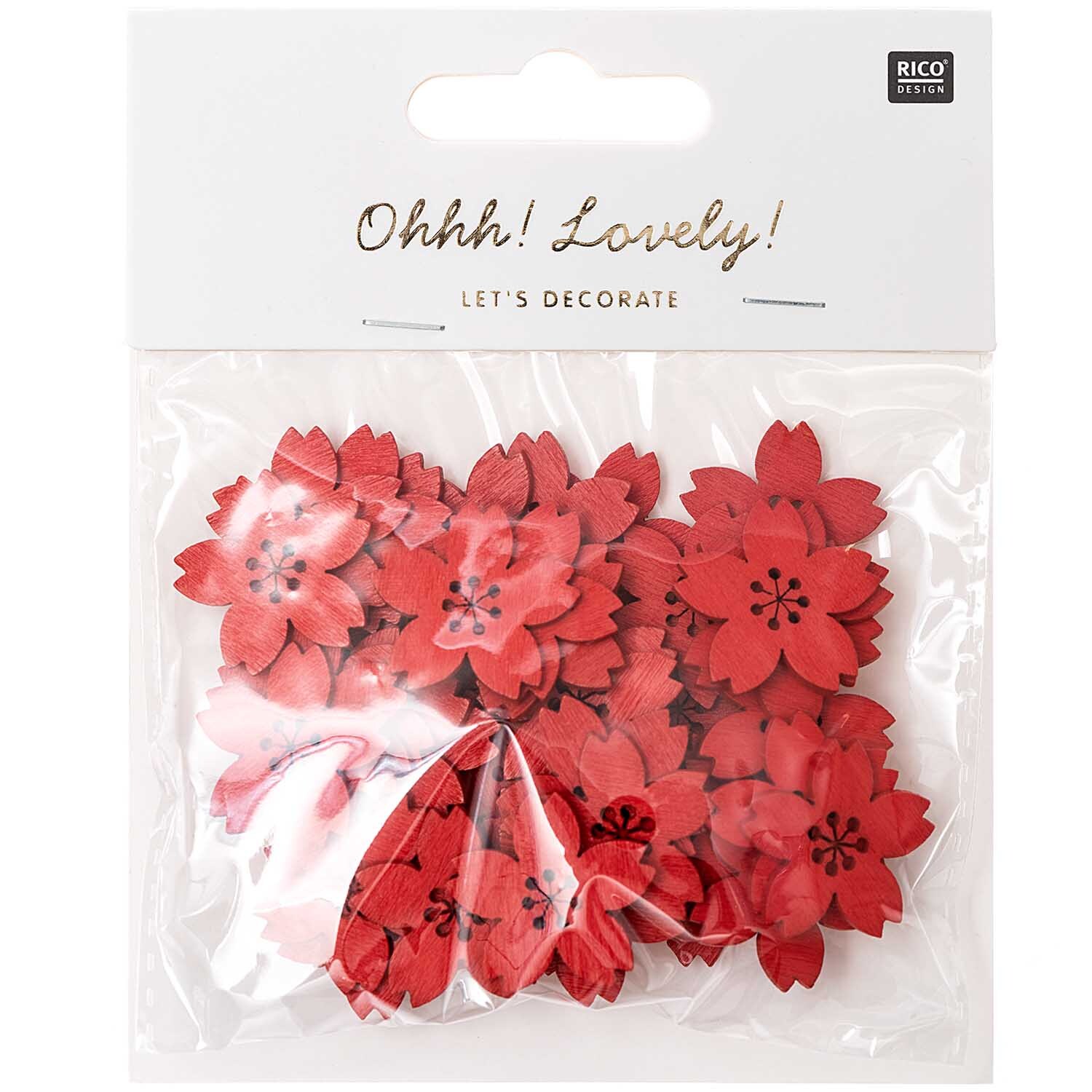 Holzstreu Kirschblüte 48 Stück von Rico Design zeigt rote Blüten in einer transparenten Verpackung.