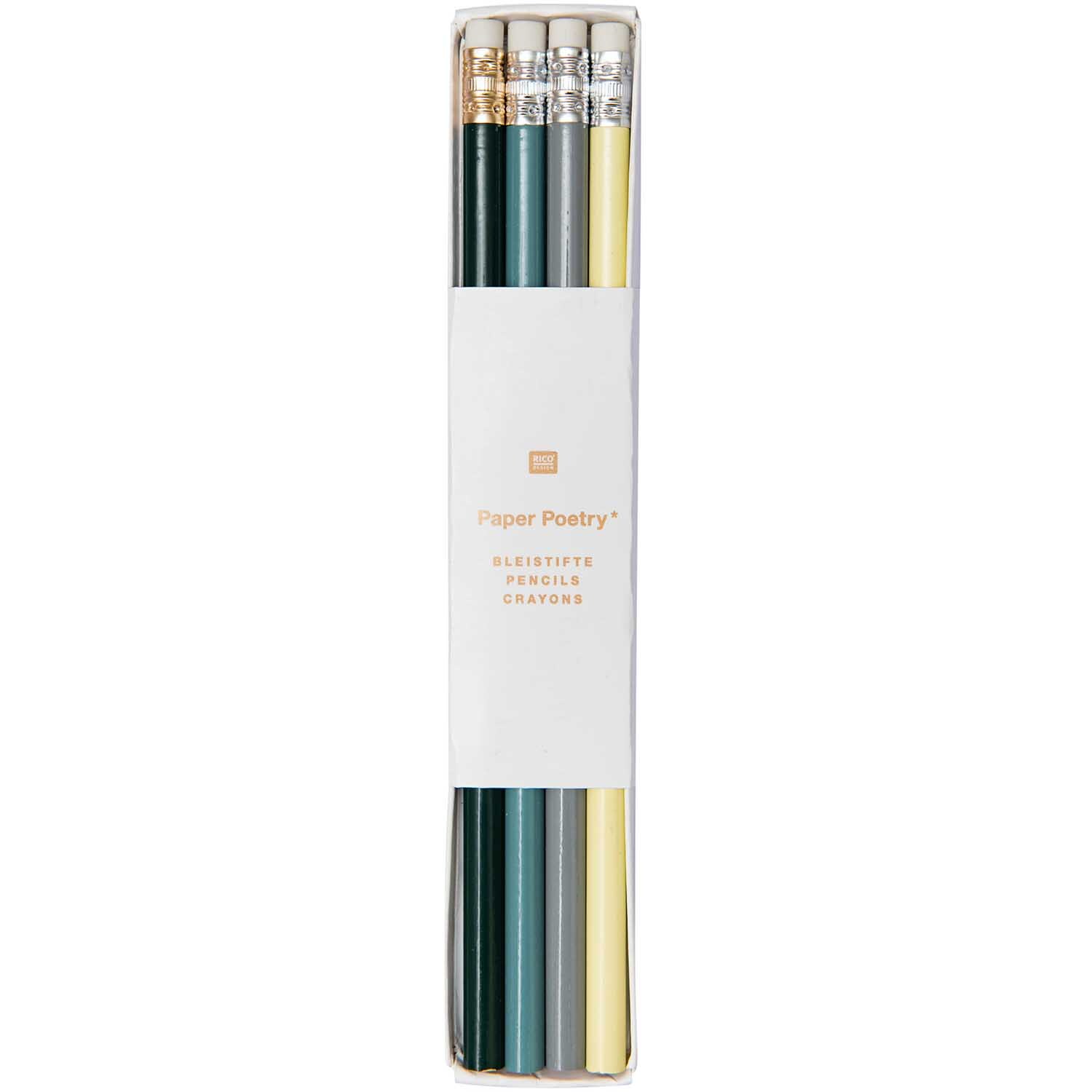 Paper Poetry pencils with eraser 4 pieces colour Green mix from Rico Design Paper Poetry Bleistifte mit Radiergummi, 4er-Set in Grün Mix von Rico Design, in einer transparenten Verpackung.