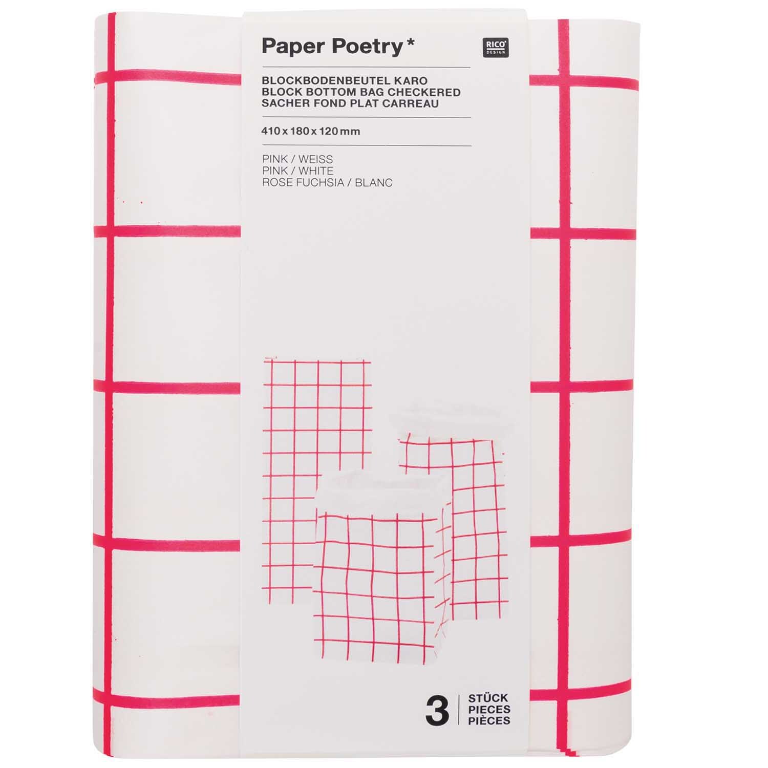 Paper Poetry Maxi-Blockbodenbeutel S Karo, pink-weiß kariert, 41x18x12cm, 3 Stück. Ideal für Geschenke und Aufbewahrung.