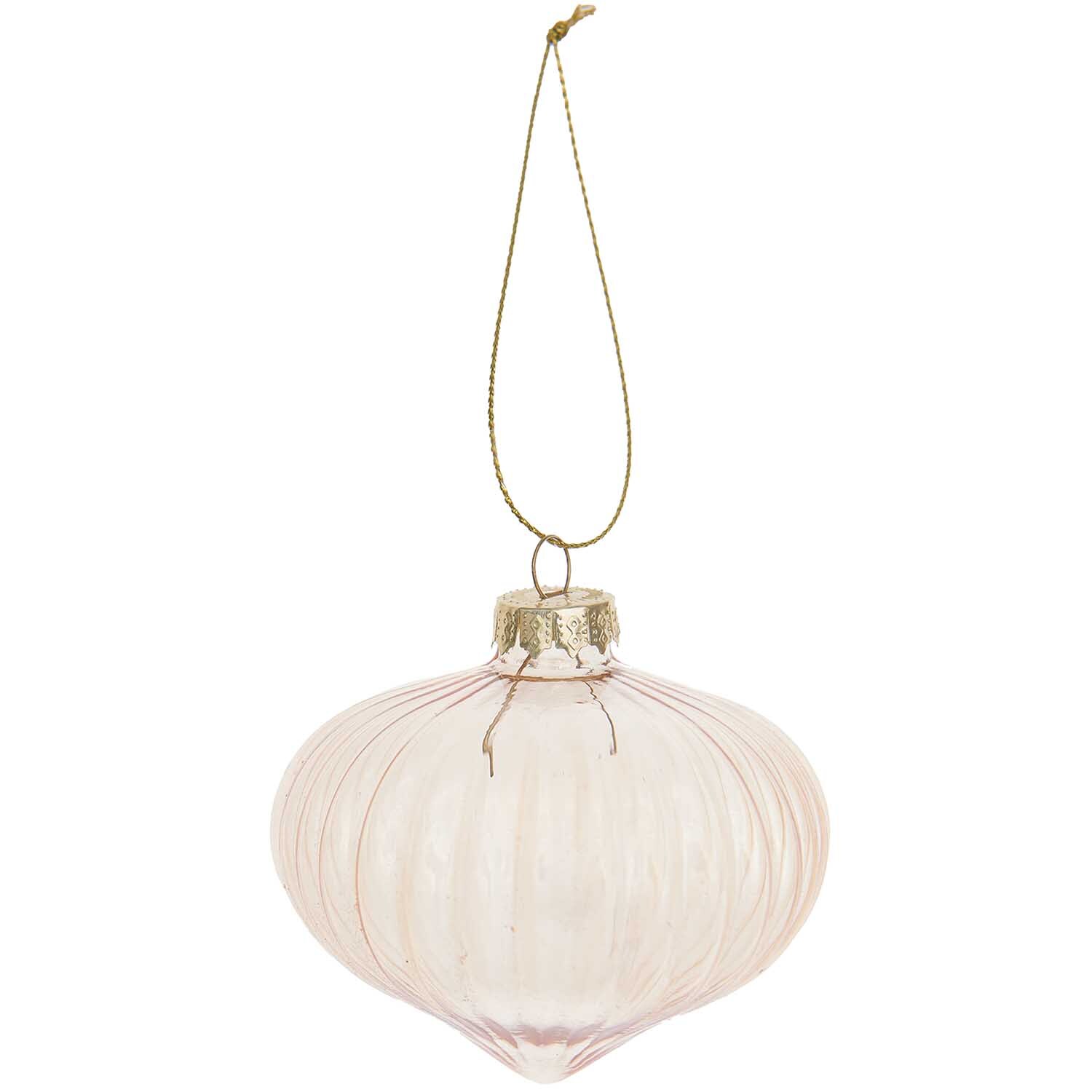 Glaskugel Baumschmuck in Zwiebel-Form, transparent-gold, von Rico Design, mit goldener Aufhängung.