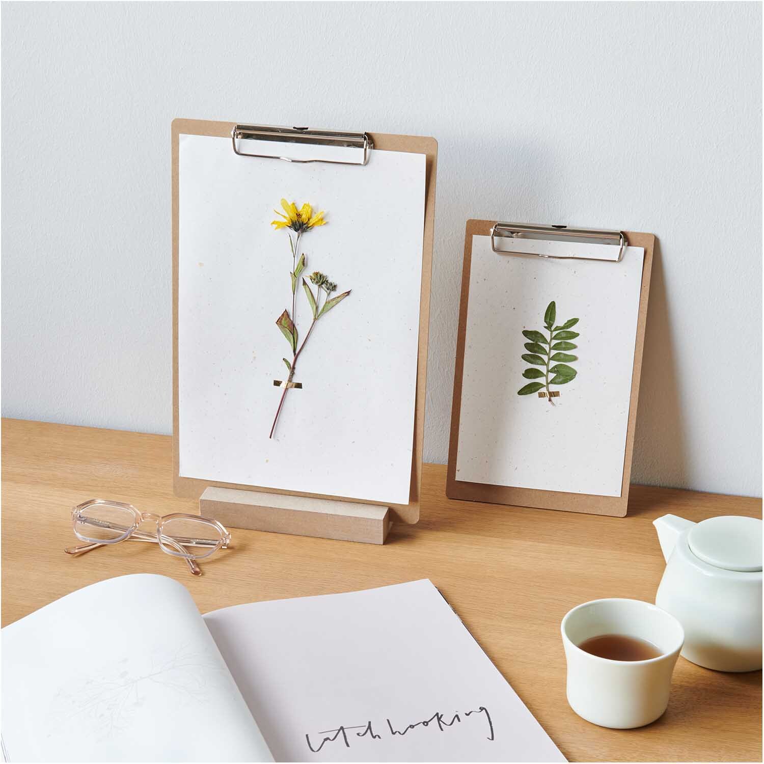 Gepresste Pflanzen Nelkengewächs 8 Stück von Rico Design Gepresste Pflanzen Nelkengewächs 8 Stück von Rico Design auf Holzständern präsentiert, umgeben von einer Brille, einem Notizbuch und einer Teetasse.