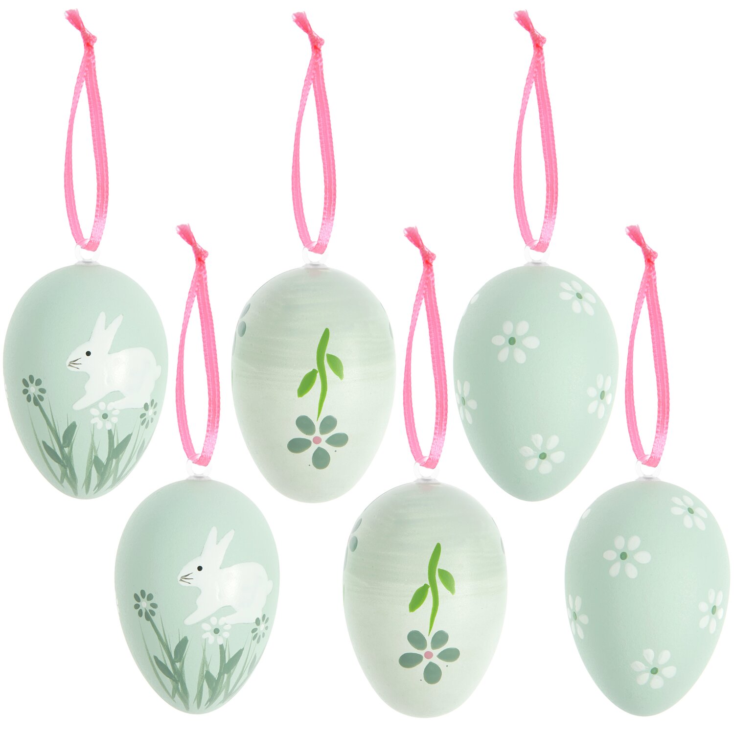 Deko-Eier Grün: Sechs grüne Eier von Rico Design mit Blumen- und Hasenmotiven, Ø4x6cm, rosa Bänder.