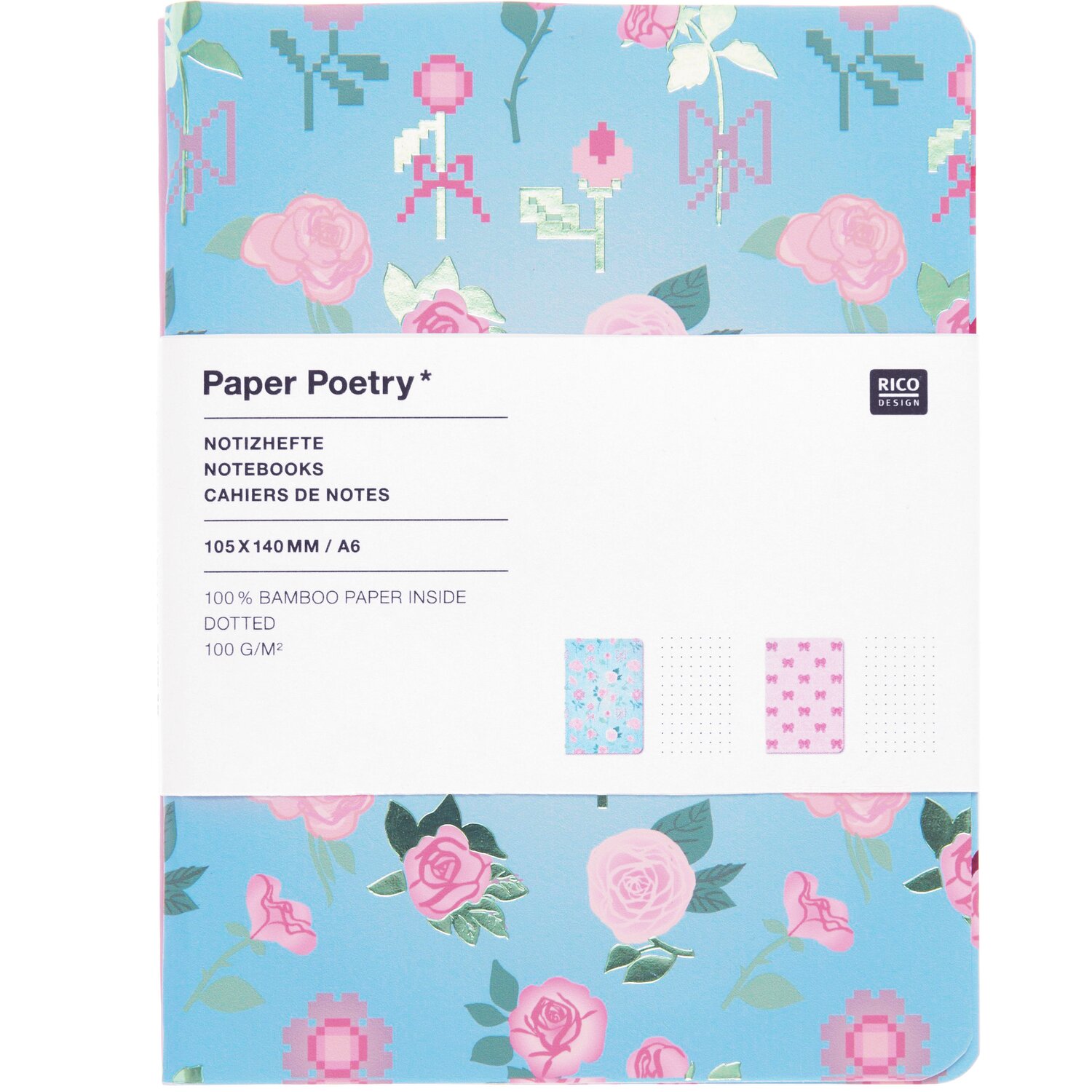 Paper Poetry Notizhefte La Vie en Rose DIN A6 2 Stück von Rico Design Paper Poetry Notizhefte La Vie en Rose, blau mit rosa Blumenmuster, DIN A6, 2 Stück, von Rico Design.