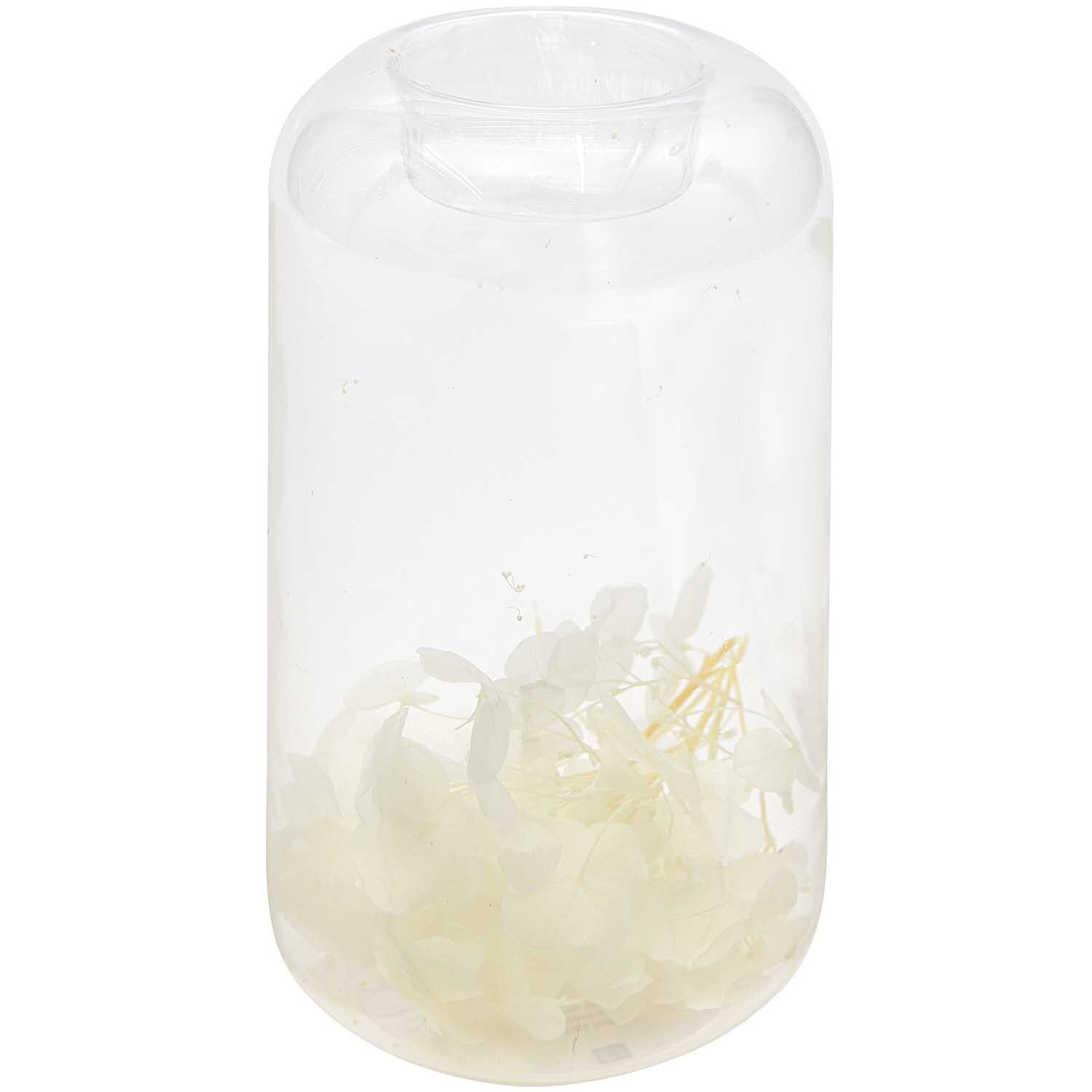 Teelichthalter mit Trockenblumen 14,5cm von Rico Design. Transparenter Halter mit zarten Trockenblumen im Inneren. Ideal für stilvolle Dekoration.