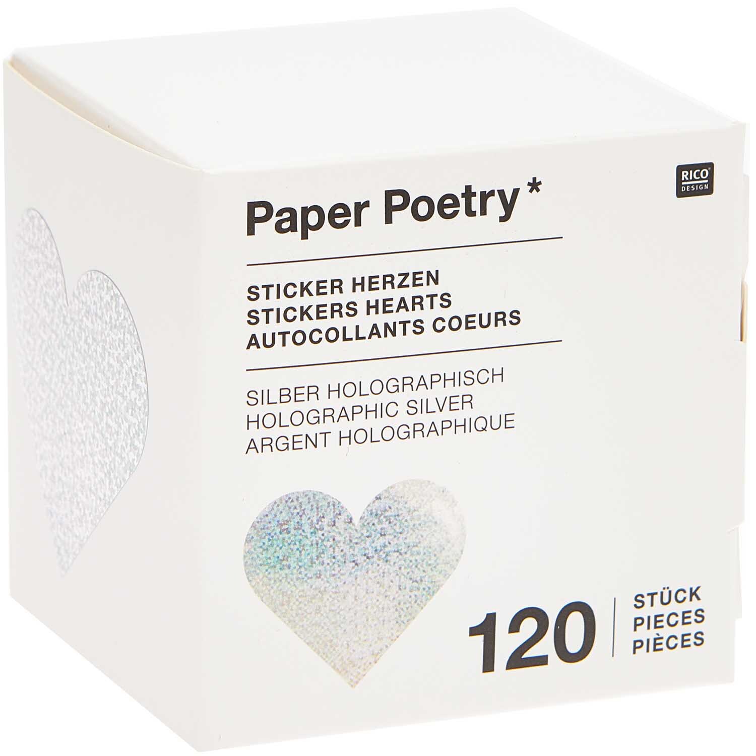 Paper Poetry Sticker Herzen 5cm 120 Stück auf der Rolle Hot Foil Farbe Silber-Holographisch von Rico Design Paper Poetry Sticker Herzen, 120 Stück, silber-holographisch, auf Rolle, von Rico Design. Verpackung zeigt Herzmotiv.