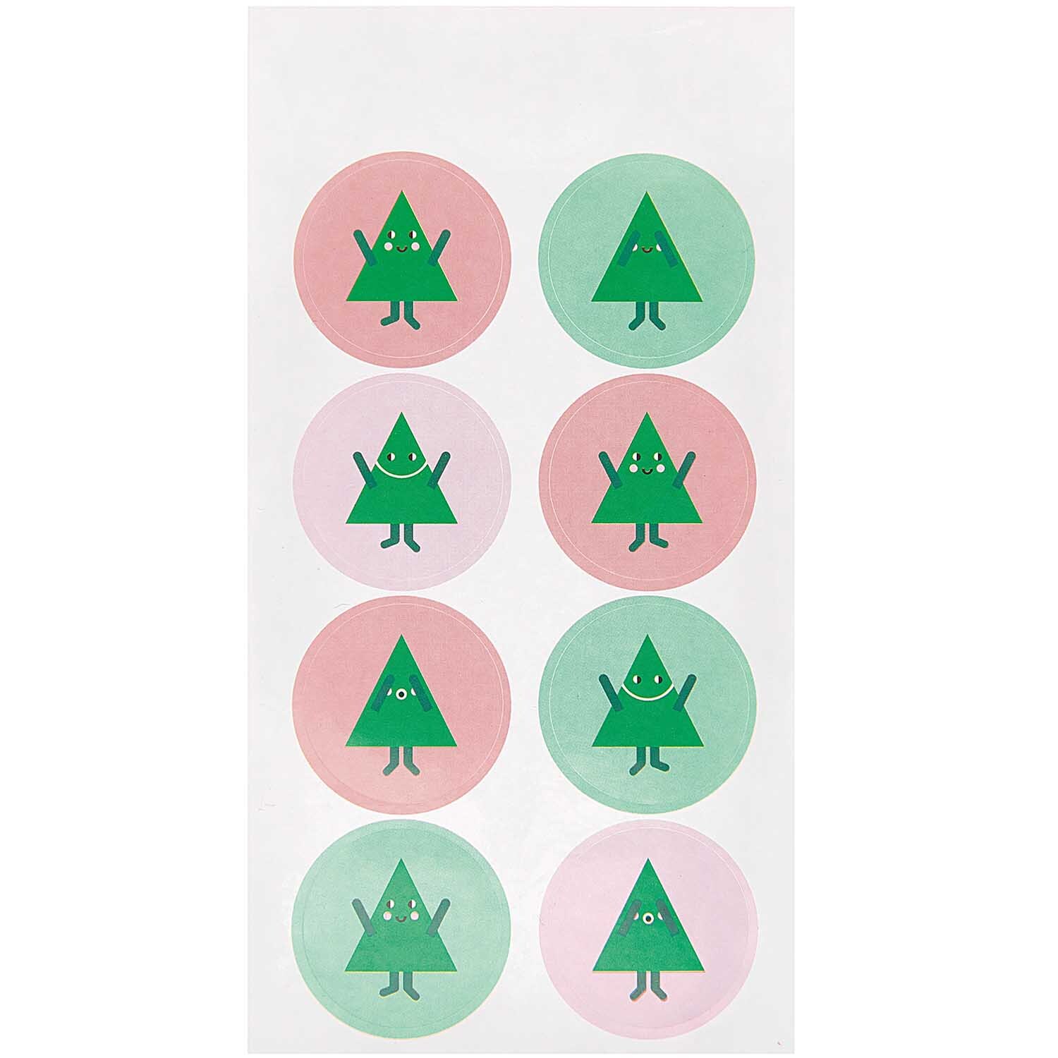 Paper Poetry Sticker Tannenbäume 4 Blatt von Rico Design Paper Poetry Sticker Tannenbäume 4 Blatt: Neun runde Sticker mit grünen Tannenbäumen auf rosa und grünen Hintergründen.