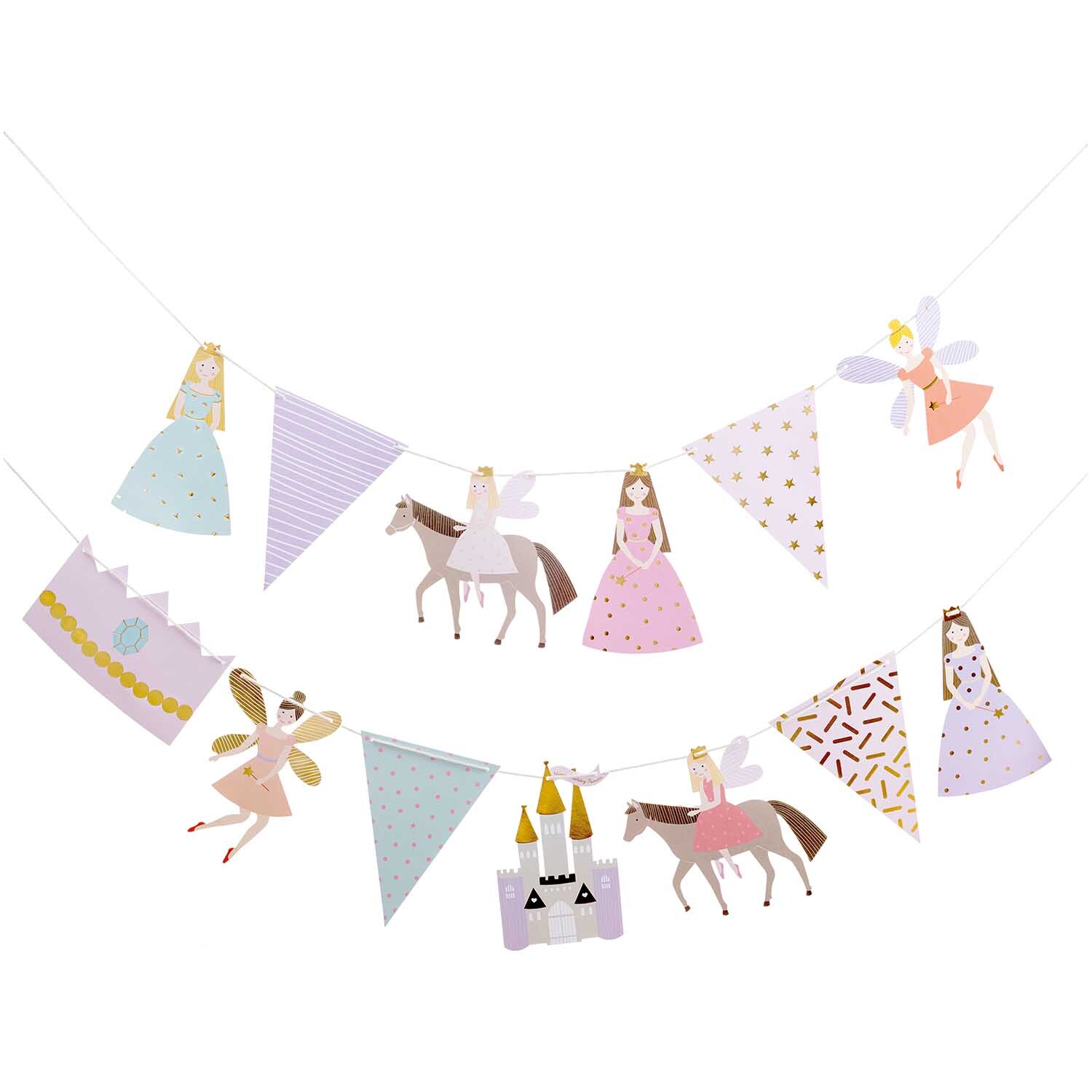 Paper Poetry Girlande Prinzessin 3m zeigt bunte Prinzessinnen, Feen und Schlösser auf einer 3m langen Girlande. Ideal für Kinderpartys.