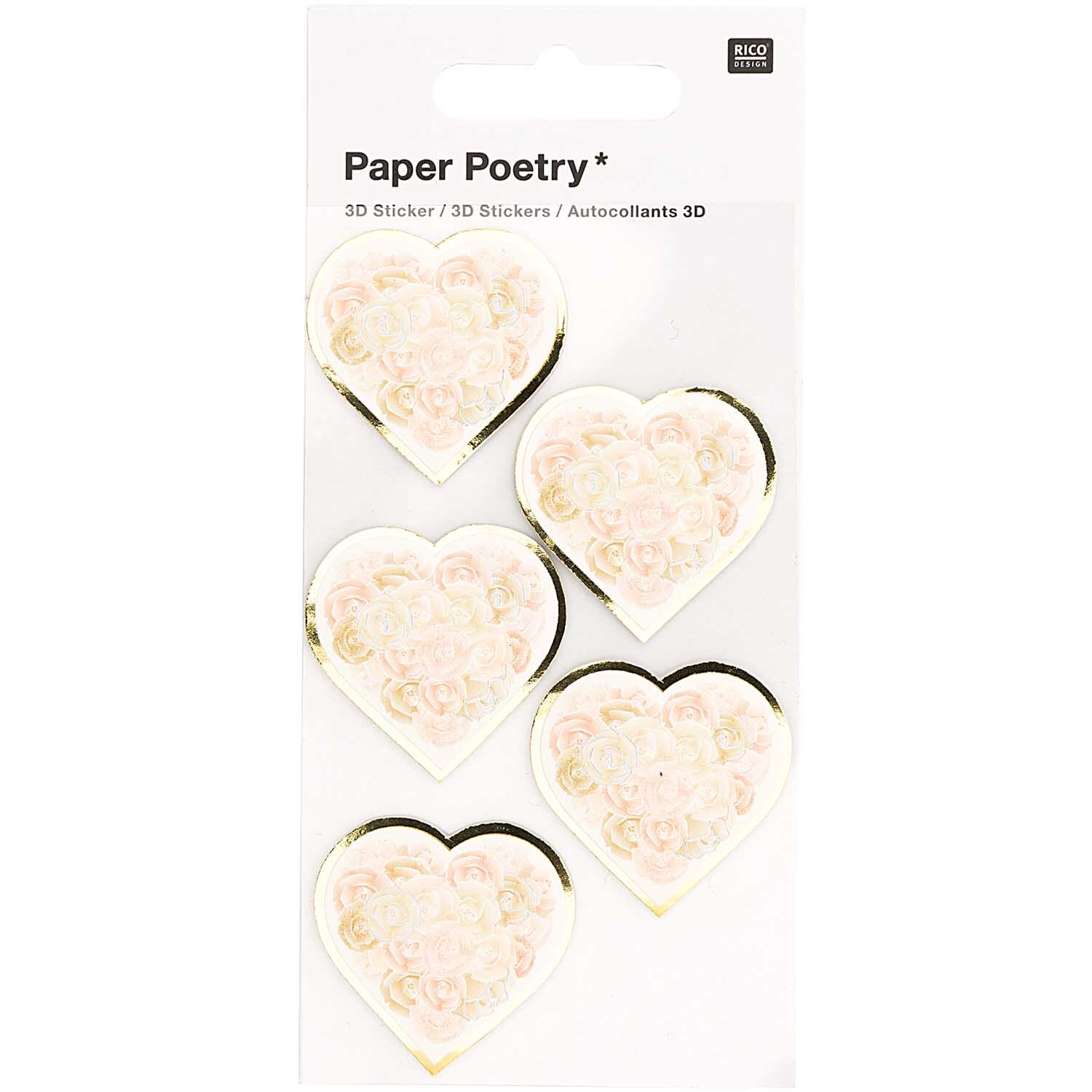 Paper Poetry 3D-Sticker Herzen mit Rosen, 5 Stück. Weiße Herzsticker mit zarten Rosenmotiven von Rico Design. Ideal für kreative Projekte.