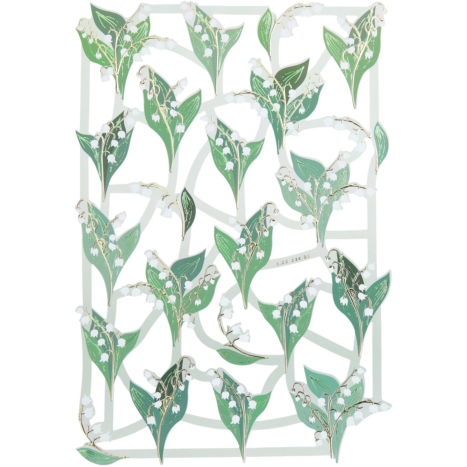 Paper Poetry Glanzbilder Maiglöckchen, 1 Bogen mit grünen und weißen Blumenmotiven von Rico Design.