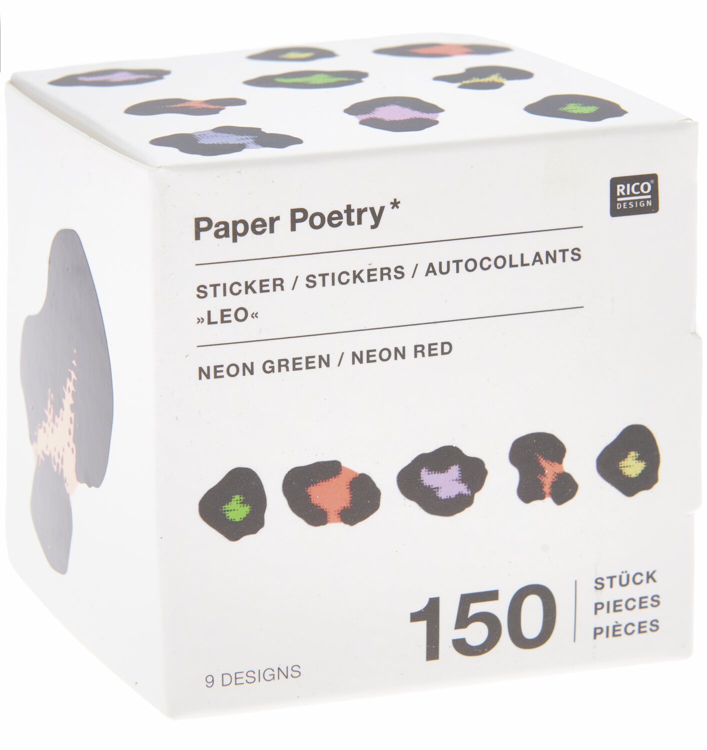 Paper Poetry Sticker Acid Leo: Box mit 150 neonfarbenen Stickern in Leopardenmuster von Rico Design.