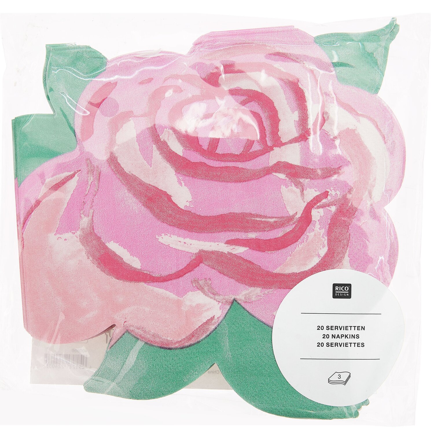 Serviettes Rose 31x31cm 20 pièces from Rico Design Servietten Rose in Form einer rosa Blume, 31x31cm, 20 Stück von Rico Design, in Verpackung.
