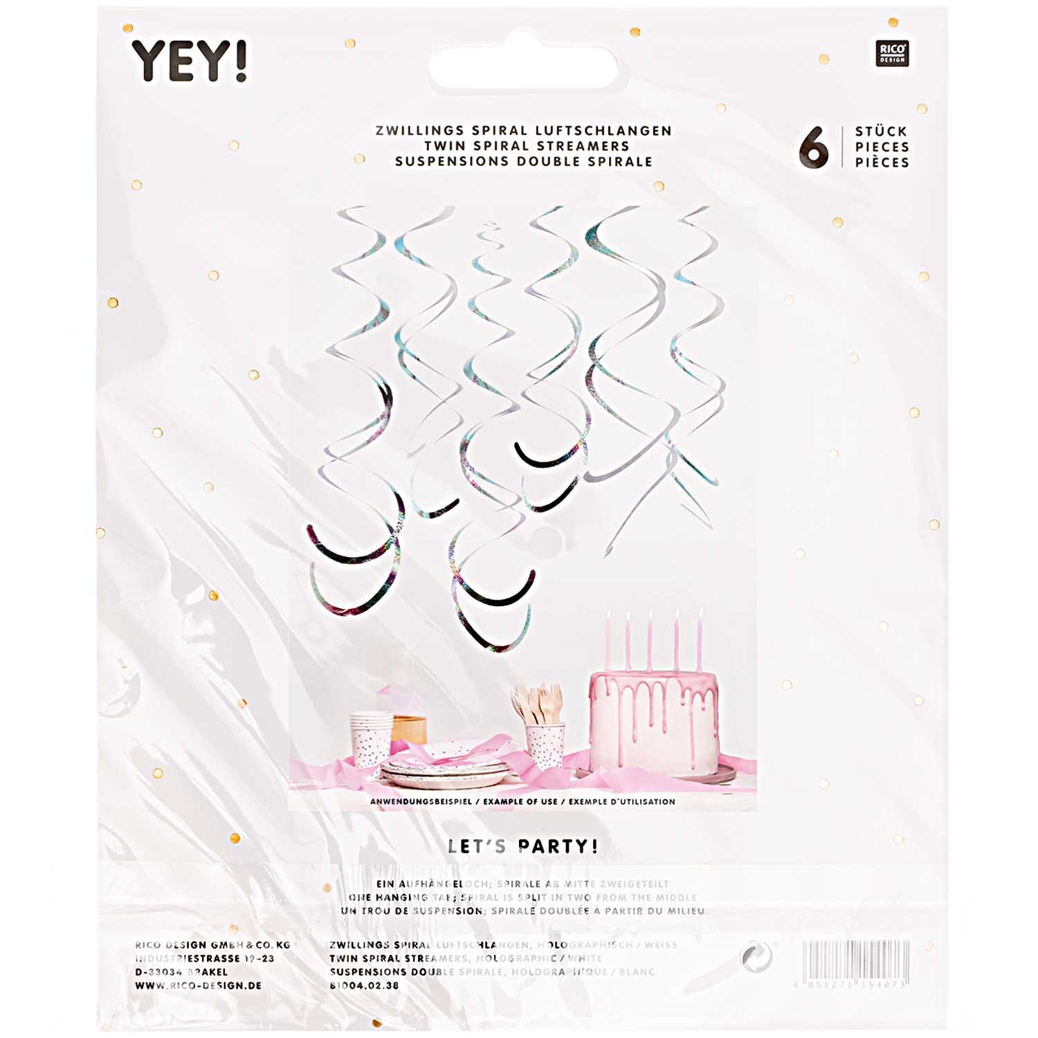 Serpentins en spirale 60cm 6 pièces Couleur Holographique blanc from Rico Design Spiralluftschlangen 60cm 6 Stück, holographisch-weiß, von Rico Design, dekorieren einen Partytisch mit Kuchen und Partyzubehör.