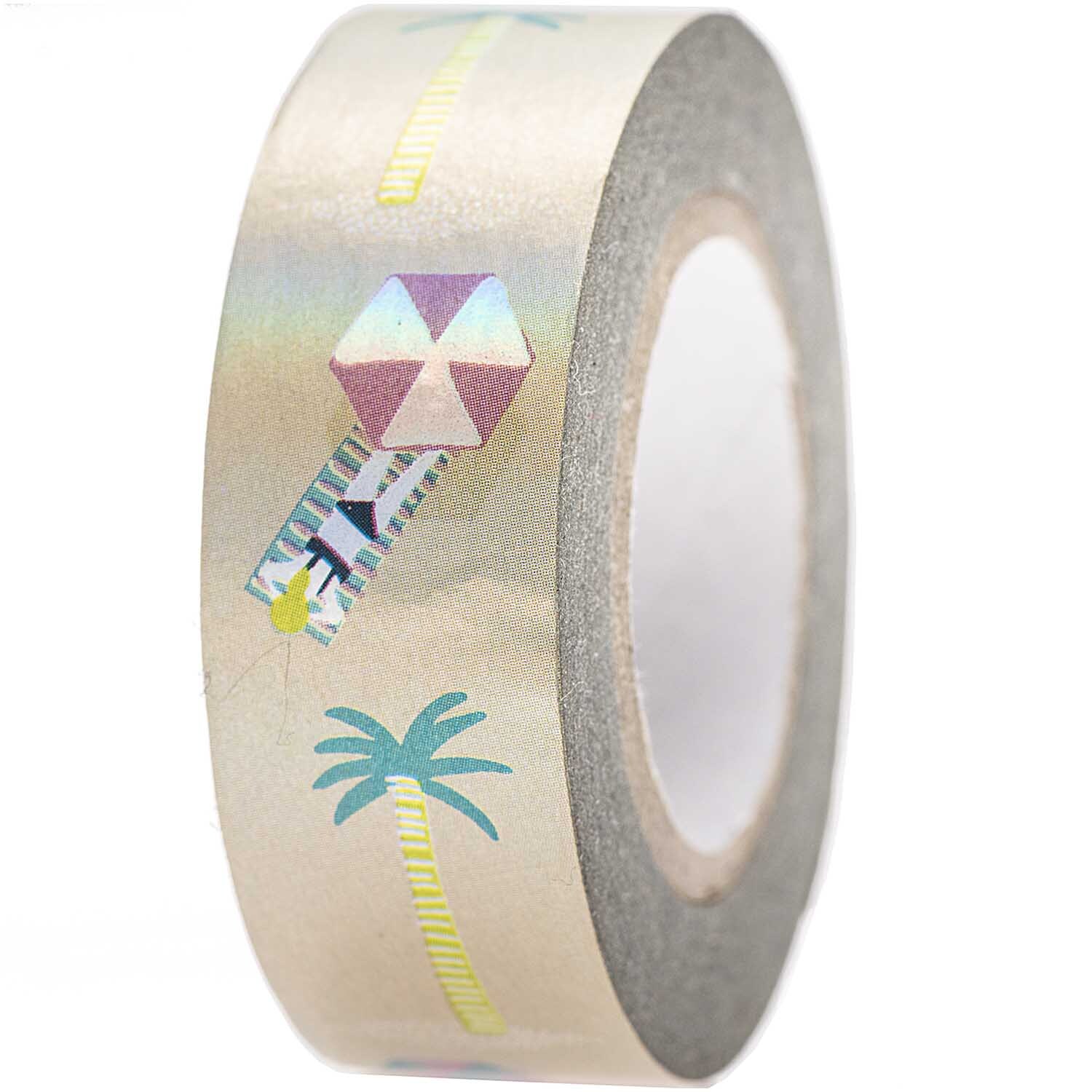 Paper Poetry Tape Beach 1,5cm 10m zeigt ein Strandmotiv mit Palmen und Sonnenschirm. Ideal für kreative Bastelprojekte. Marke: Rico Design.