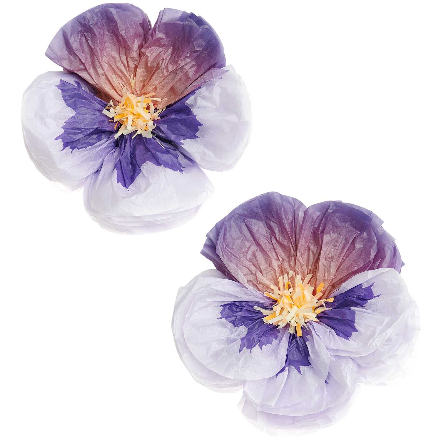 Seidenpapierblumen Stiefmütterchen in Lila von Rico Design, zwei Stück, Ø28cm, kunstvoll gestaltet.