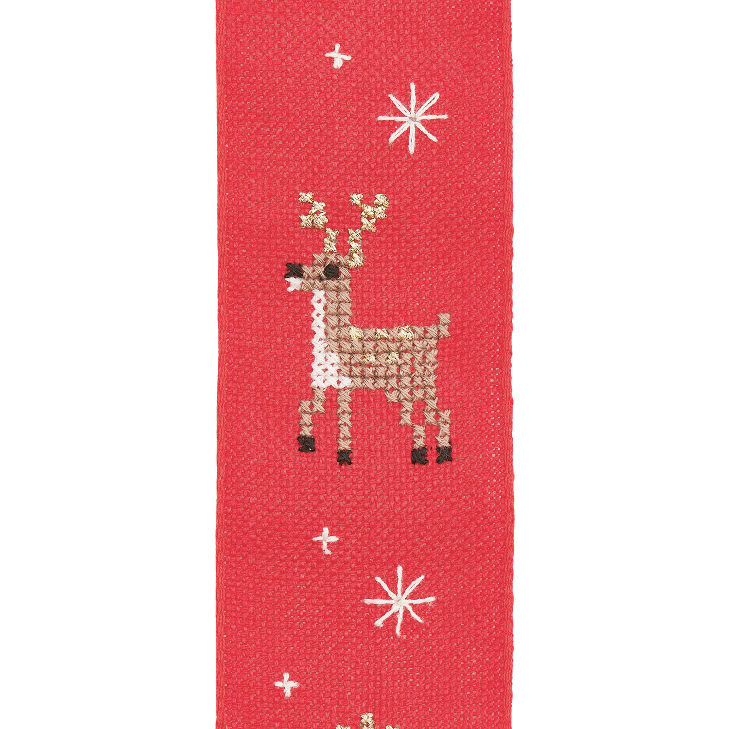 Stickpackung Schleife It's Christmas Time 22x58cm von Rico Design Stickpackung Schleife It's Christmas Time zeigt ein rotes Band mit Rentier- und Sternmotiv. Größe: 22x58cm.