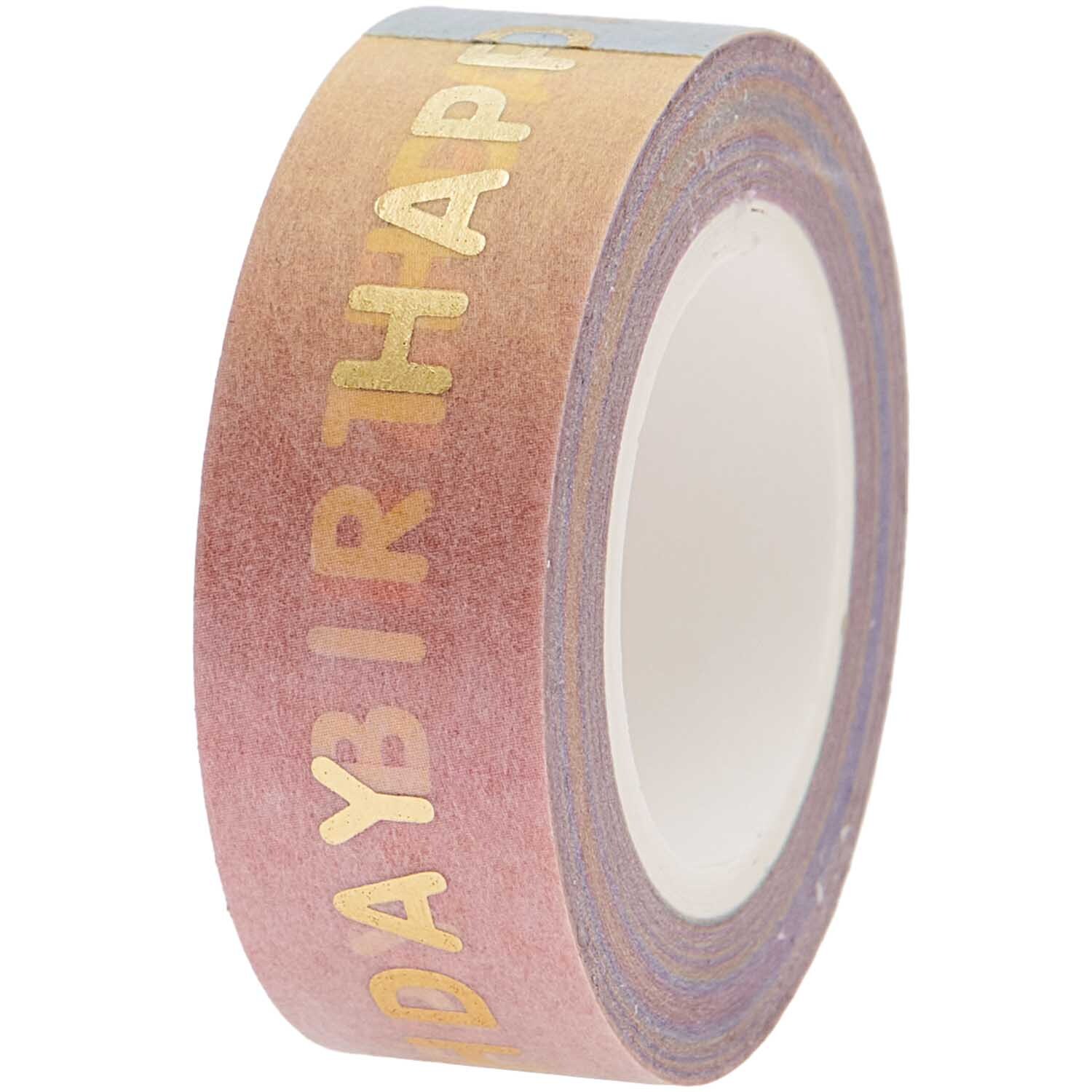 Paper Poetry Tape Happy Birthday 15mm 10m von Rico Design mit Regenbogenfarben und goldener Schrift. Ideal für kreative Geschenkverpackungen.