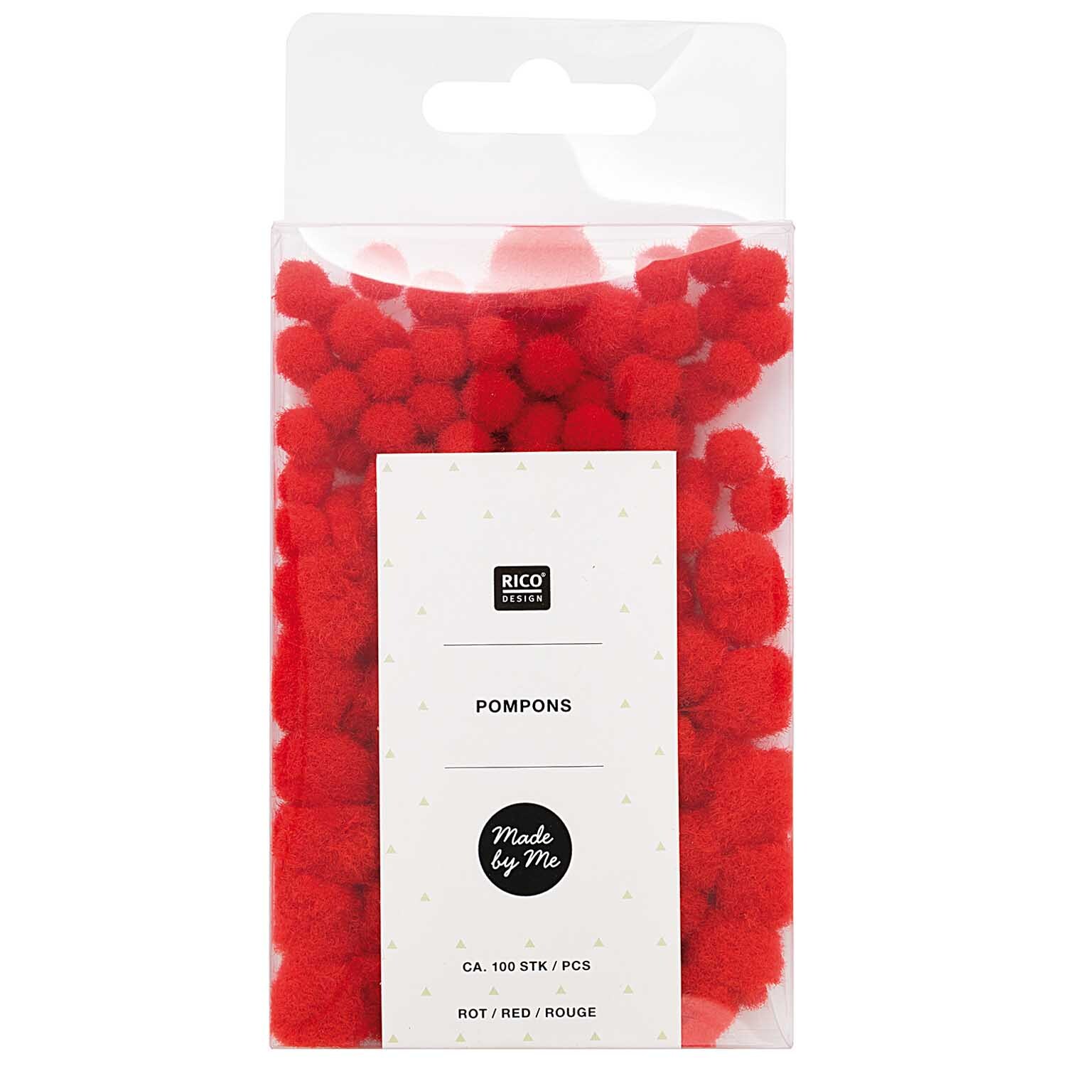 Pompons rot 6mm 10mm ca. 100 Stück von Rico Design in einer transparenten Verpackung. Ideal für kreative Bastelprojekte.