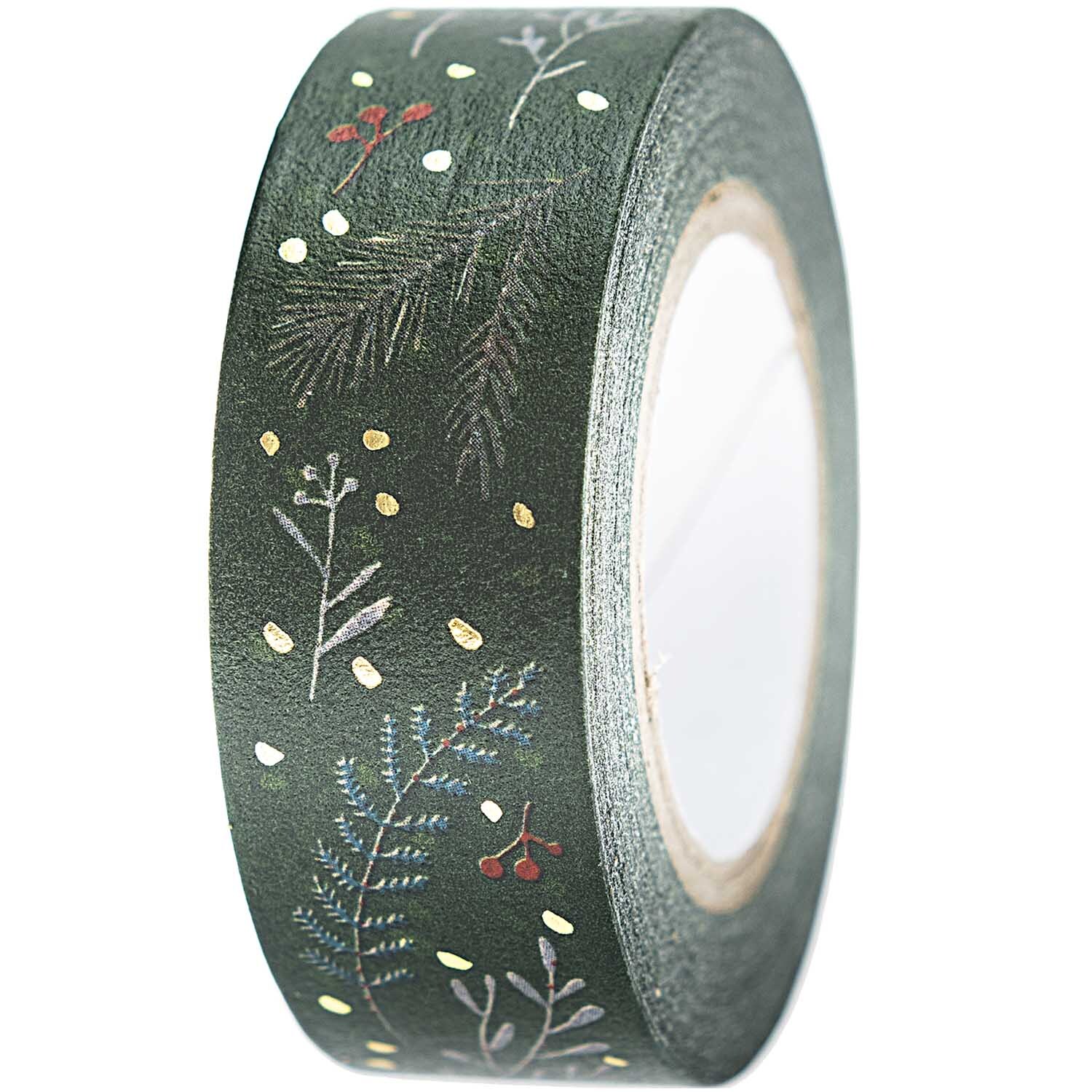 Paper Poetry Tape Nostalgic Christmas mit Zweigen und Beeren auf grünem Hintergrund, 1,5cm x 10m.