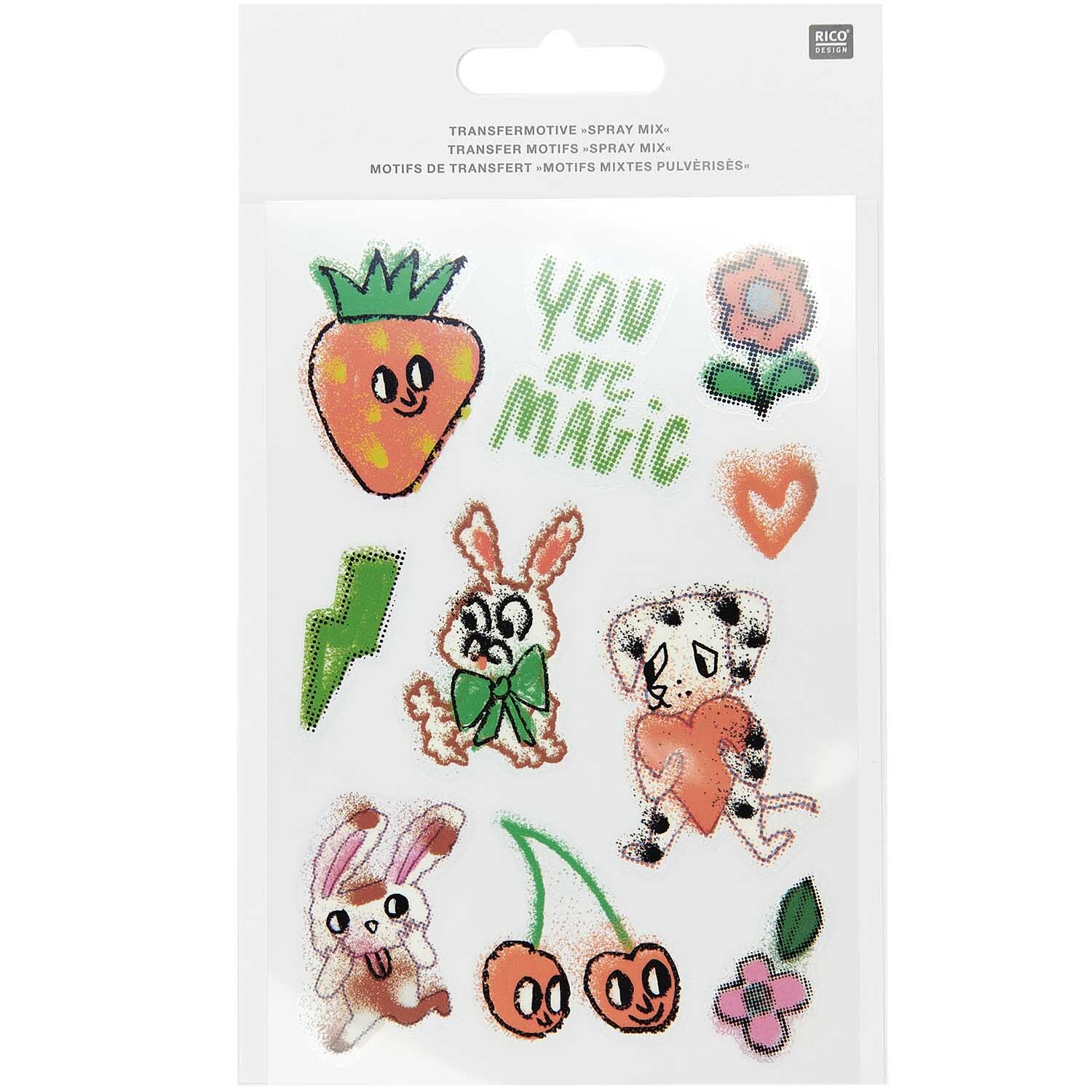 Transfermotiv Spray-Mix 10 Stück von Rico Design zeigt bunte, verspielte Motive wie Tiere, Früchte und Blumen auf einem Stickerbogen.