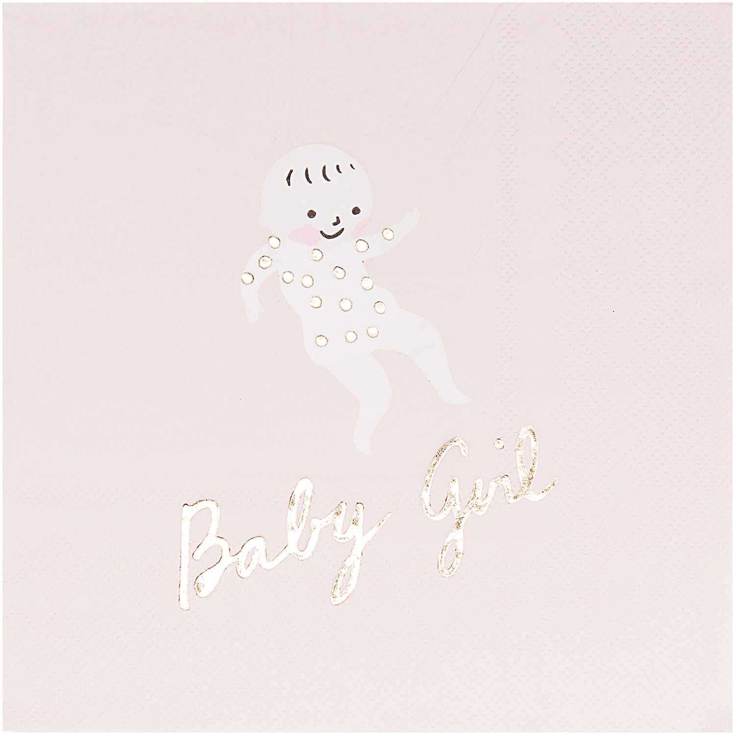 Servietten Baby Girl 33x33cm 20 Stück zeigen ein fröhliches Baby-Motiv auf rosa Hintergrund. Ideal für Feiern. Marke: Rico Design.
