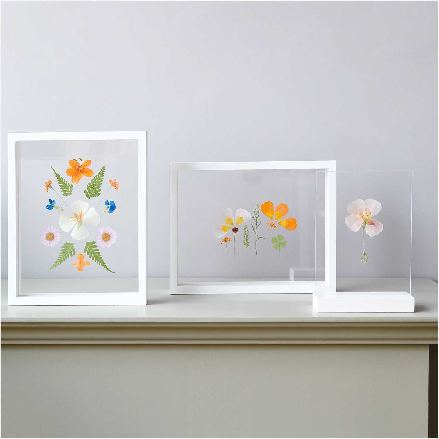 Gepresste Blüten Mix Set gelb-beige 13 Stück von Rico Design Gepresste Blüten Mix Set gelb-beige 13 Stück in weißen Rahmen, dekorativ auf Regal präsentiert.