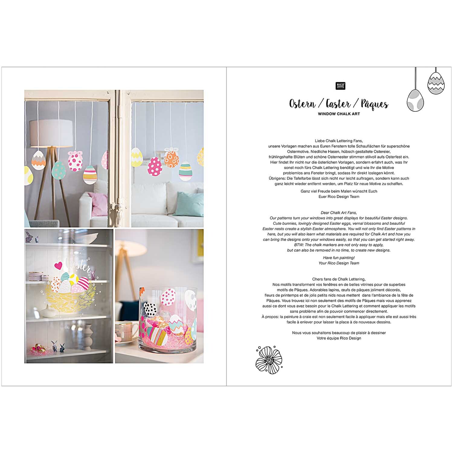 Vorlagenmappe Ostern Fenster- und Glasmalerei mit Kreidestiften von Rico Design Vorlagenmappe Ostern Fenster- und Glasmalerei mit Kreidestiften zeigt bunte Osterdekorationen an Fenstern. Ideal für kreative Osterprojekte.