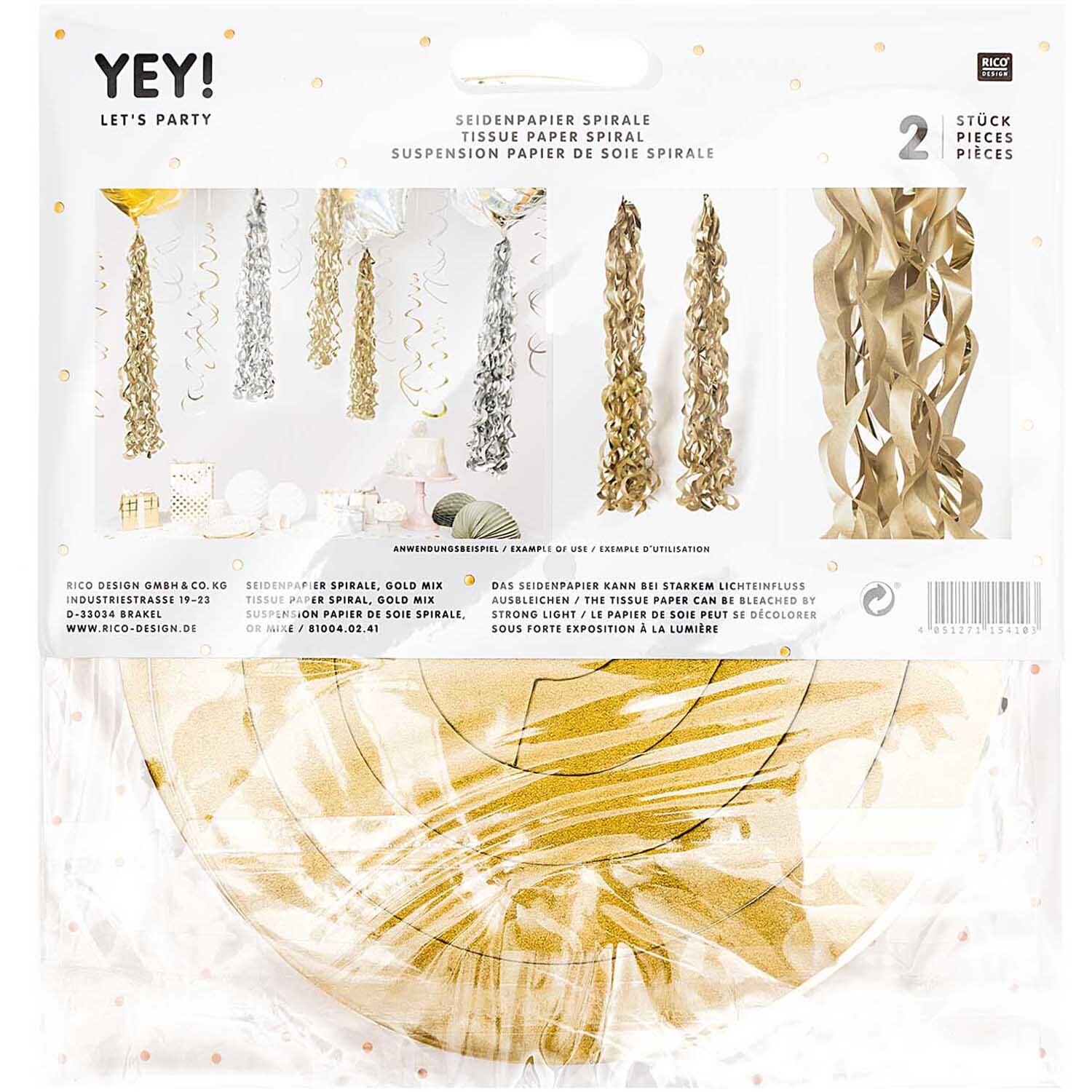 Seidenpapierspiralen 2 Stück 36 Lagen in Gold Mix von Rico Design, dekorativ für Partys.